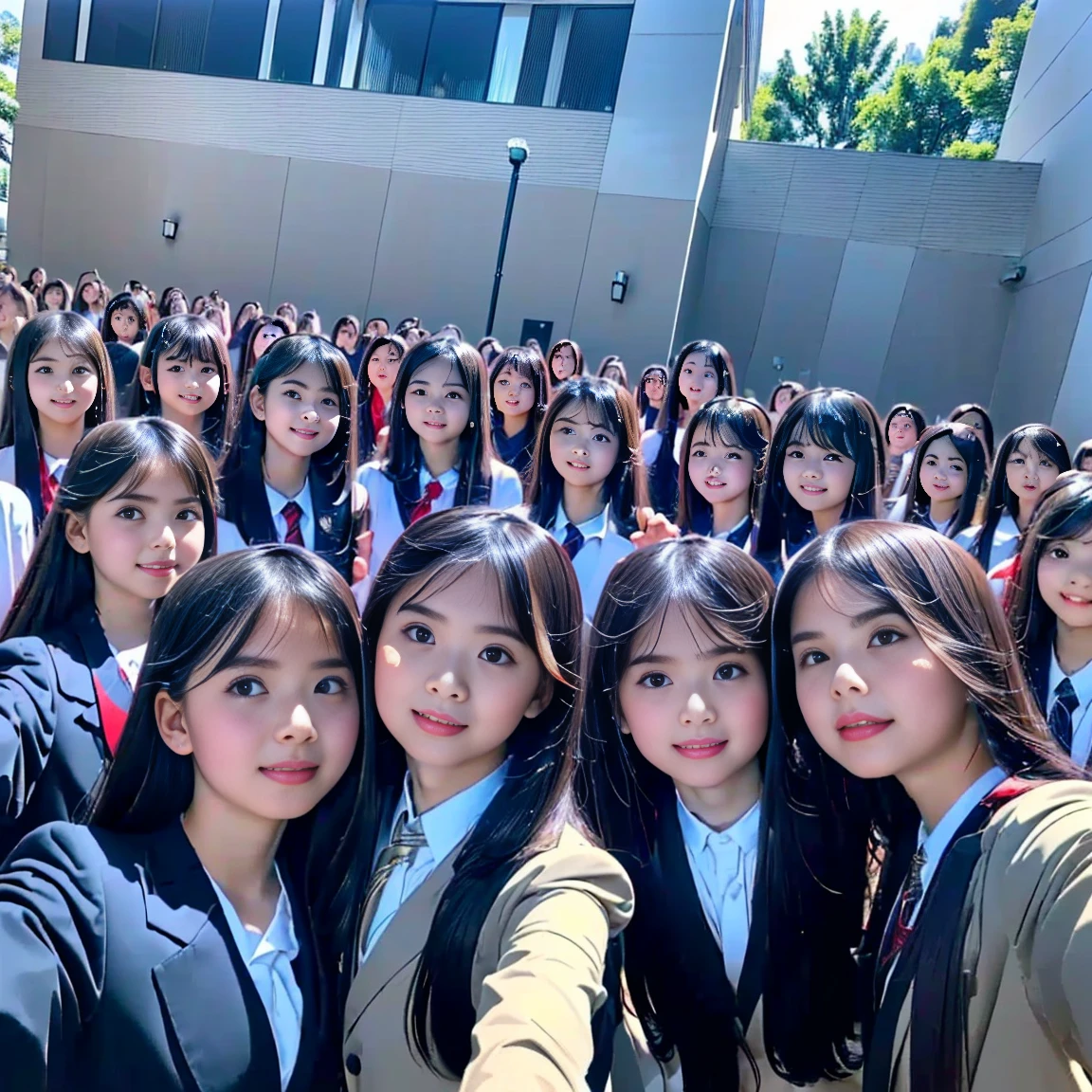 a picture、(((multiple girls))),((((6+girls)))),((((100girls)))),(((1000girls)))、((((100 Girls))))、(((crowd shot))),Women only、The same face、School Uniform、12 years old、Long black hair、100 cute girls、ssmile、Selfie stick、‎Classroom、Raw photo、(((Large group)))、a junior high school student