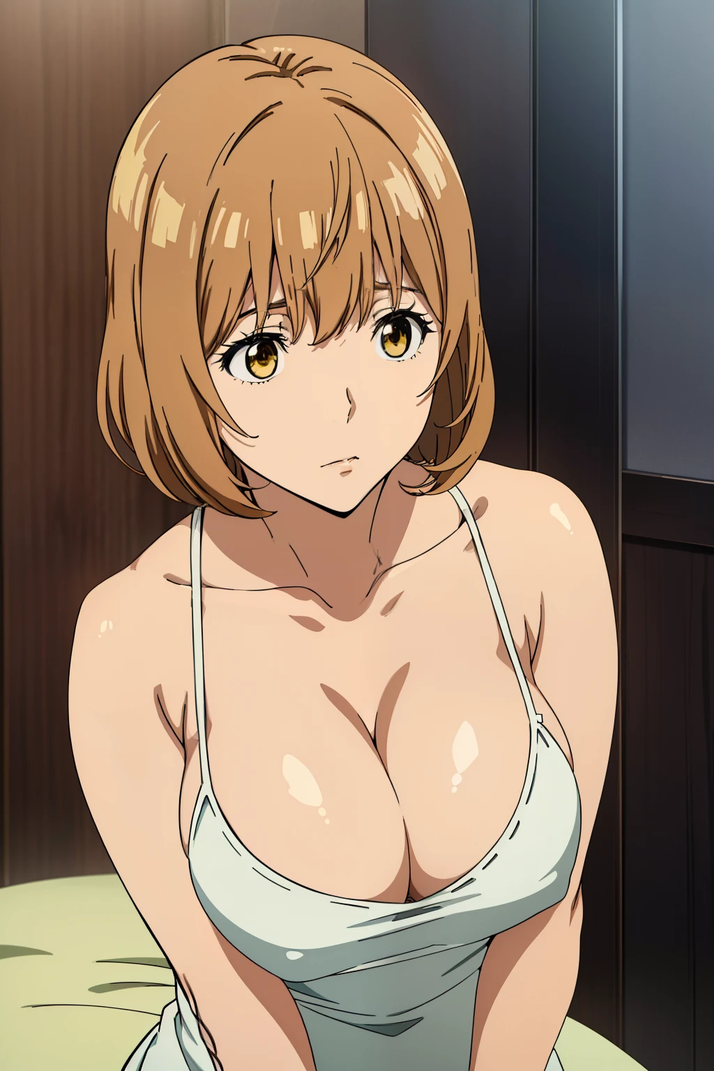 Best Quality, masutepiece, Brown hair, Yellow eyes, Yuriko Aoki, Embarrassed look, (oversize breast:1.5), cleavage of the breast, (White camisole:1.5, no-bra, Thin fabric), Slimed, Leaning forward, Upper body, Bedrooms, (Perfect Anatomy, perfect detailed body, Beautiful detailed eyes, Beautiful detailed skin),