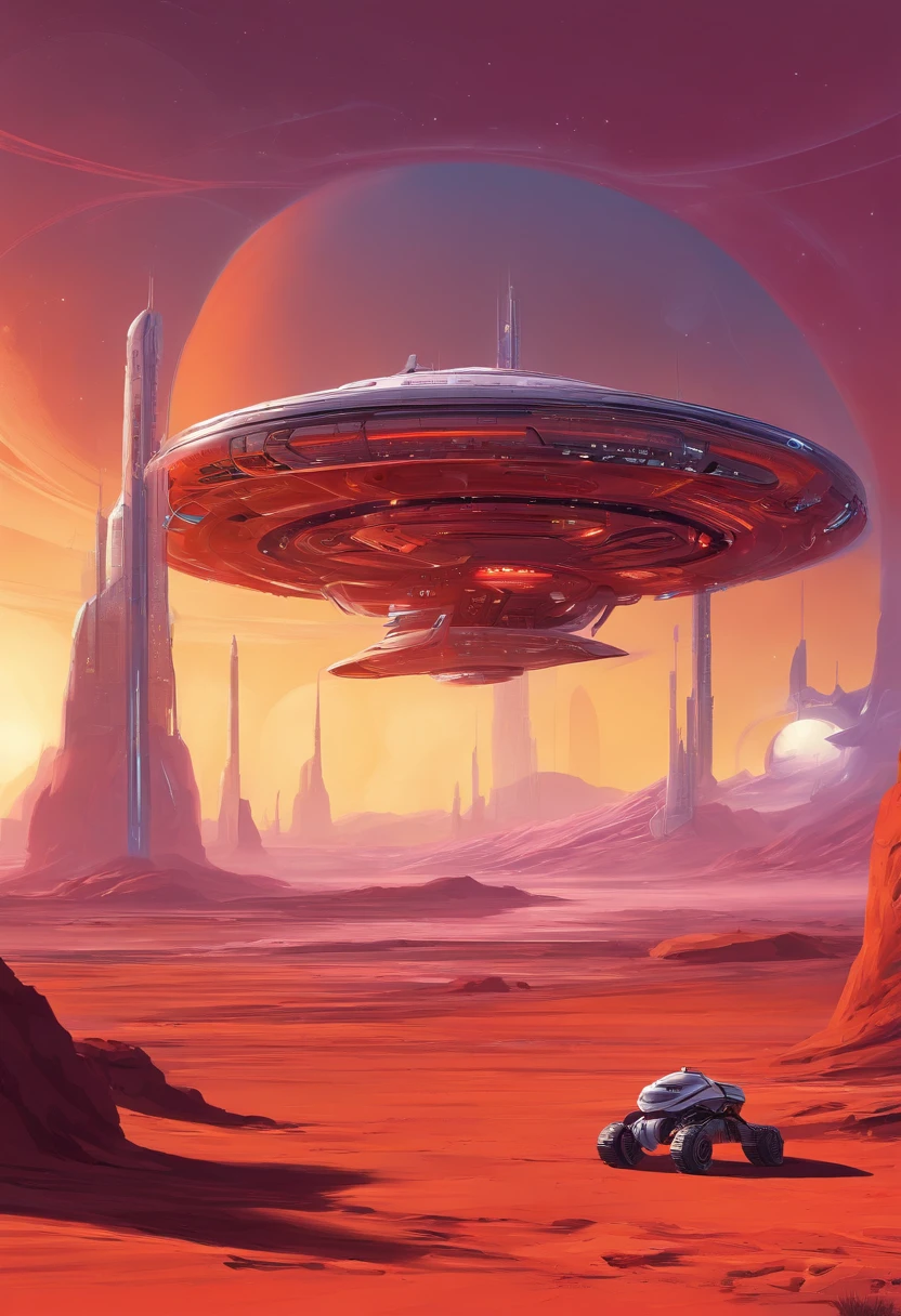 stranded spaceship, deserted red planet, "airbrush art" and warm colors and crome, Alien spaceship and then inspired by Daniel Simon, Syd Mead