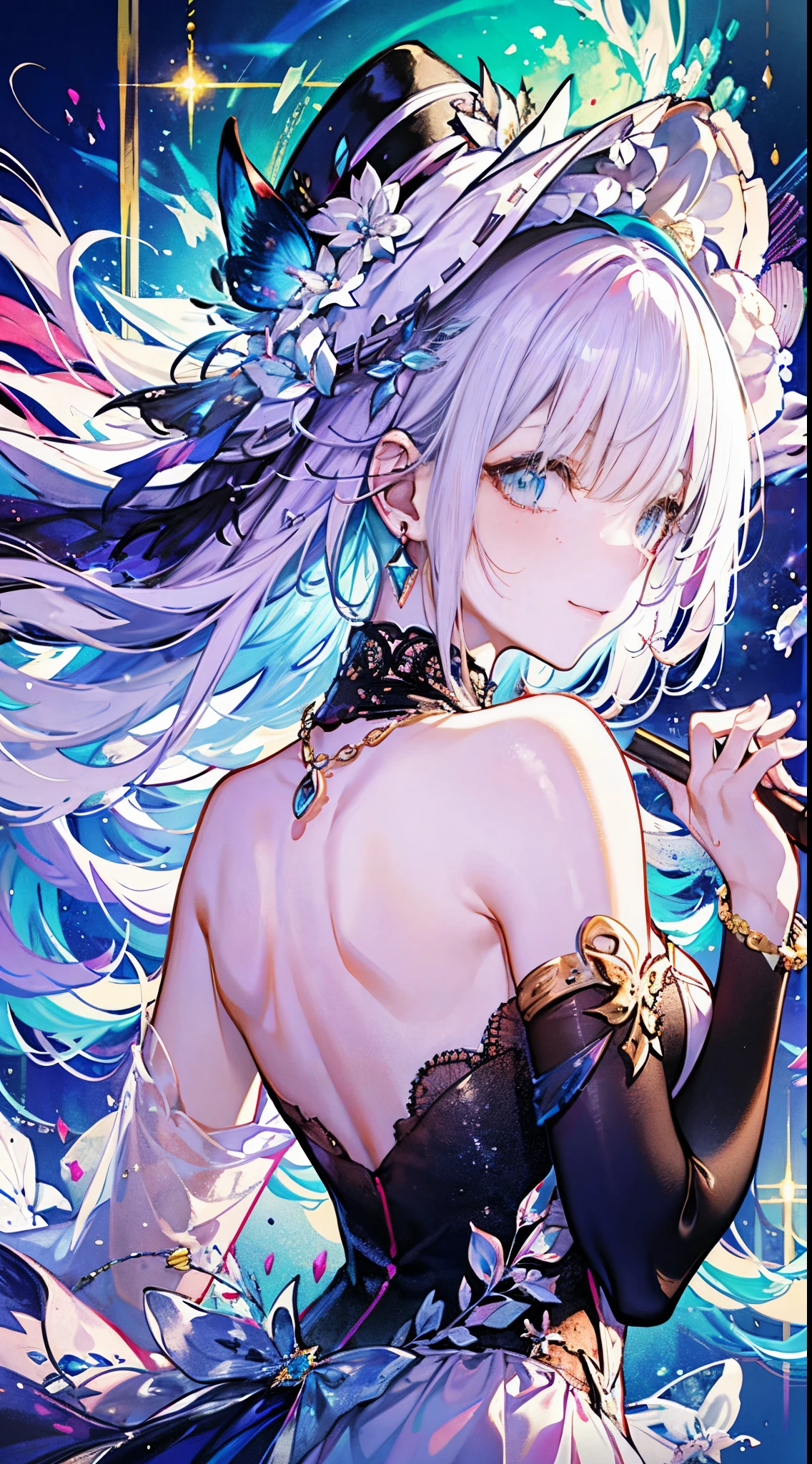 （（tmasterpiece：1.4，Best quality at best））+，（hyper-detailing）+，（Ultra-detailed eyes）+，（Fish ears：1.5），
（cute girls），ar old，（Cyan eyes：1.5），Short pale green hair，curlies，pony tails，Bushy hair，red hairband（wariza：1.2），pale-skinned，blush and smile，blood stain，Half-squinted
（She is wearing a classic white exotic dance outfit，Lilac pattern，Lots of fluff：1.5），（golden hair accessory：1.4）Chain bracelet，pearls necklace，gold earring，merfolk，the reef，Menghua，gem jewelry，sea of clouds and coral，huge white ribbon，Conch headdress，Black veil，Shell decoration，Fishbone decoration，Turn your back to everyone，Bare shoulders and back，Gold hand ornaments，Huge red witch hat
（Fishtail：1.1），
（dawn light：1.2），
（Thick black and white：1.16），（depth of fields：1.4）Complicated details，color mixing，Detailed route，Excellent,super detailing,The content is very detailed,(hight contrast:1.11),ventania,Amazing cleavage,beautidful eyes,messy  hair,(best illuminate，Extremely Delicately Beautiful), ((movie light lighting)), (seen from the side:1.3)，8K,tmasterpiece，Best quality at best，cinematic Film still from，1 plump girl，（Close-up cleavage：1.1），bright，cheerfulness，Interesting，gentlesoftlighting，（bauhause，shape，line engineering，Abstract：1.1）offcial art， Unity 8k壁纸， ultra - detailed， Beautiful and beautiful， tmasterpiece， Best quality at best， （dynamic angle：1.4），romantic depth of field exotic_dance，PerfectNwsjMajic，（tmasterpiece，top-quality，Best quality at best，offcial art，Beauty and aesthetics：1.2），The content is very detailed，rich colourful，highest details，