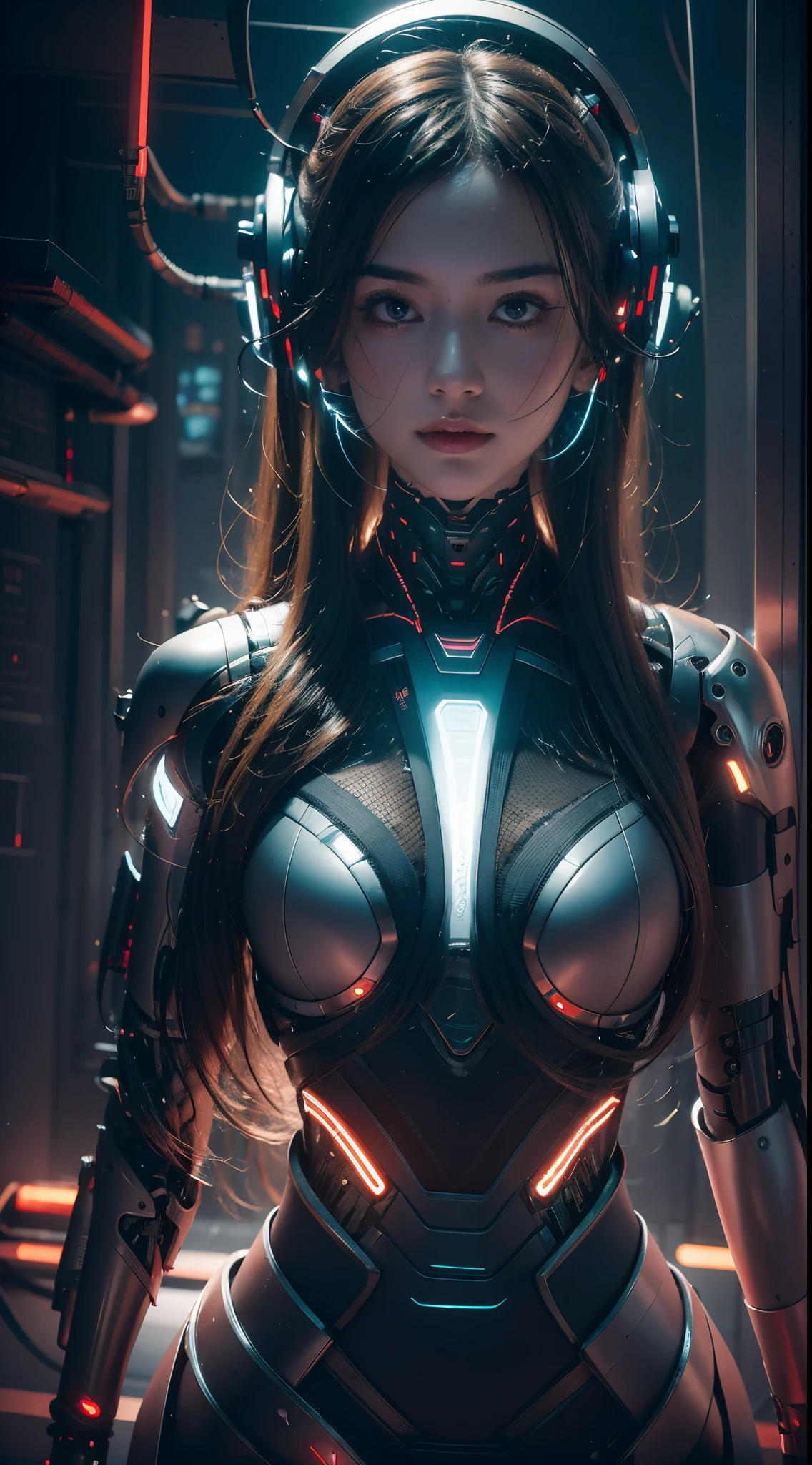 "A fascinating and ethereal representation of a cyborg immersed in a dynamic whirlwind of digital data.."