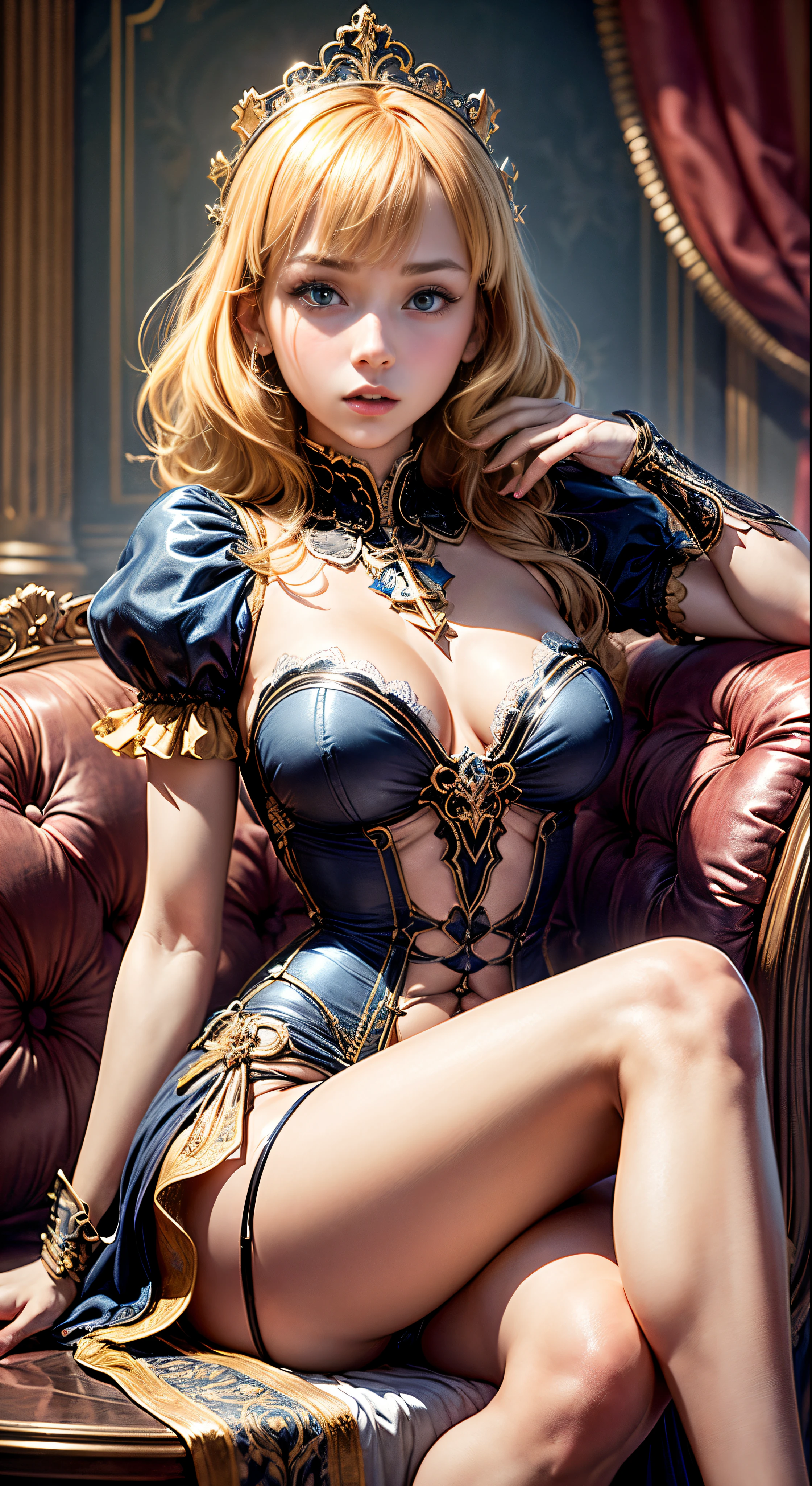 masutepiece、An ultra-high picture quality、Super distinct、8K、perfect anatomia、Very high saturation、(Realistic:1.1)、One Princess、Princess、notre dame、18year old,、Dignified atmosphere、Yellow hair, , Beautiful, Princess、Innocent, Blue eyes, (straight across bangs:1.5)、a blond、straight haired、(Wear a tiara)、(rococo dress:1.2)、Luxurious dresses、Inside the palace、Sitting in a plush armchair、Cross your legs、low angles、(Panties are visible through the gap between the legs)、posture facing straight ahead、(Luxurious costumes)、(I can see panties:1.5)、(Thin leg)、small tits ,skinny body、thin-waist、thin pelvis、skinny thigh、(irritated expression:1.3)Realistic thighs、real looking skin、