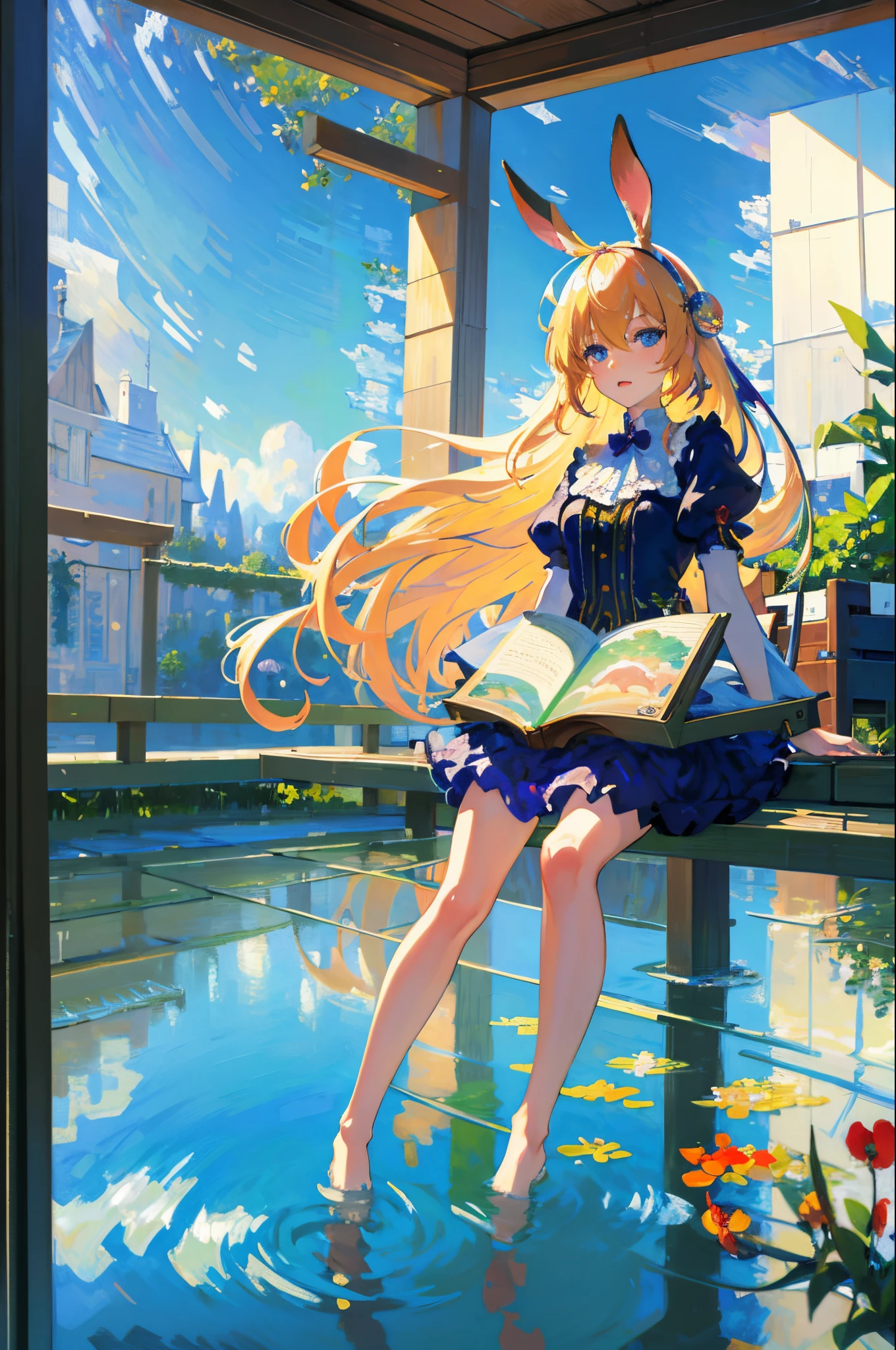 [(Transparent background:1.5)::5],(((masterpiece))),(((best quality))),(((extremely detailed))),illustration, 1girl,solo,mysterious,vivid color,shiny, underwater transparent sealed hemispherical glass dome, blond hair,blue eyes, full body,barefoot,long hair tranquil nature, koi,Underwater, Dome,close up,Dynamic actions, rabbit ears, rabbit tail, Lens perspective,(((Box composition))),sit cross-legged and lean against the bookshel,(arm + hand + 1thumb + 4finger),(Impressionism:1.4)