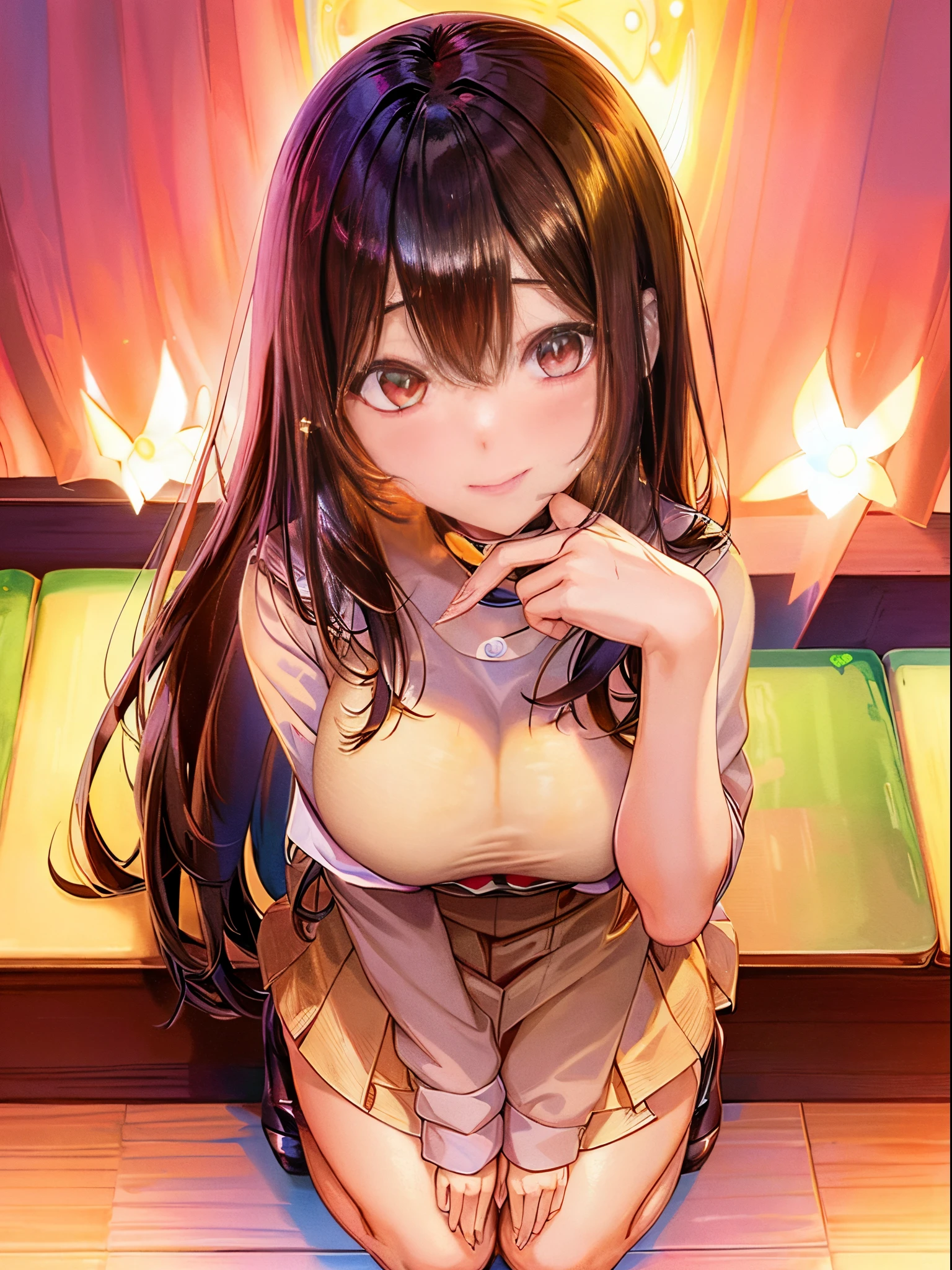 masterpiece, super fine illustration, best quality, light particles, ultra-detailed, 8K wallpaper, (bright colors:1.2), (a woman), big breast, (black long hair), (extremely beautiful pink eyes, shiny eyes, big eyes,), sailor uniform, miniskirt, black legwear, loafer, all fours, (fellatio:1.4), (deepthroat:1.4), (man), (penis, cum out), (man pat girl on the head), nsfw, sunset, shadow, classroom, (full body:1.3), From above,