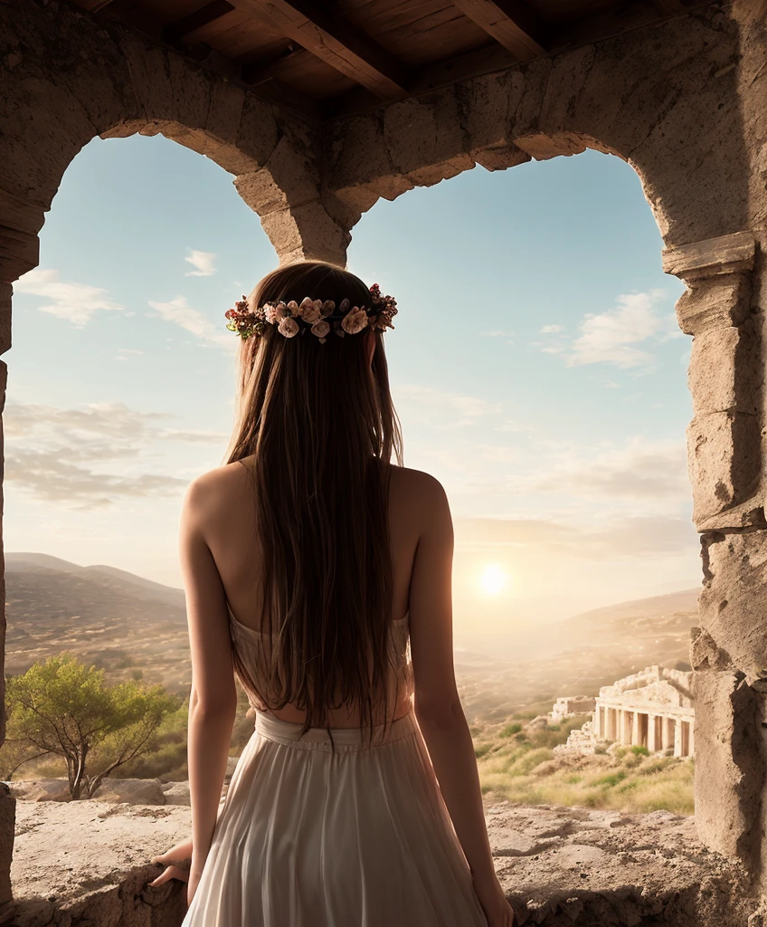 Photo realistic attic Greek island, Delphi, cinematic sunset, fog, crumbling temples, 18 year old skinny greek goddess girl in foreground, warm cinematic reddish light, olive vine and flower diadem, small breasts, youthful, oracle, dirty, freckled, tanned,
