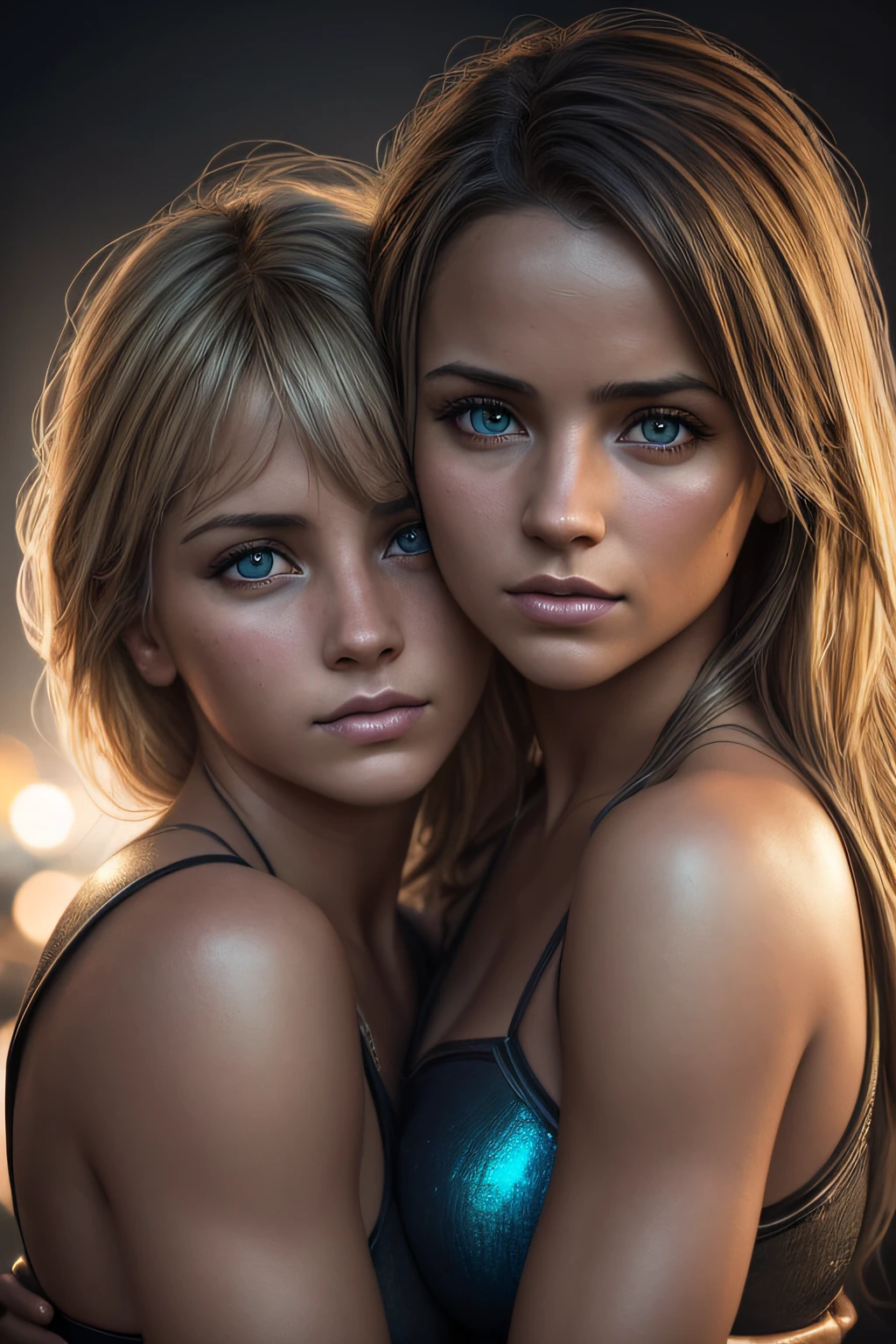 (2girls:1.0), Masterpiece, beautiful German girls, blond, tight hug, very detailed, dramatic lighting, digital art trending on Artstation 8k HD high definition detailed realistic, detailed, skin texture, dancing closely together, in a discotheque, cyberpunk, rainbow colored neon lights, hyper detailed, realistic skin texture, armature, best quality, ultra high res, (photorealistic:1.4), high resolution, detailed, raw photo, by lee jeffries nikon d850 film stock photograph, rich colors, hyper realistic, lifelike texture, dramatic lighting, unrealengine, trending on artstation, (smile:0.6), by lee jeffries nikon d850 film stock photograph 4 kodak portra 400 camera f1.6 lens