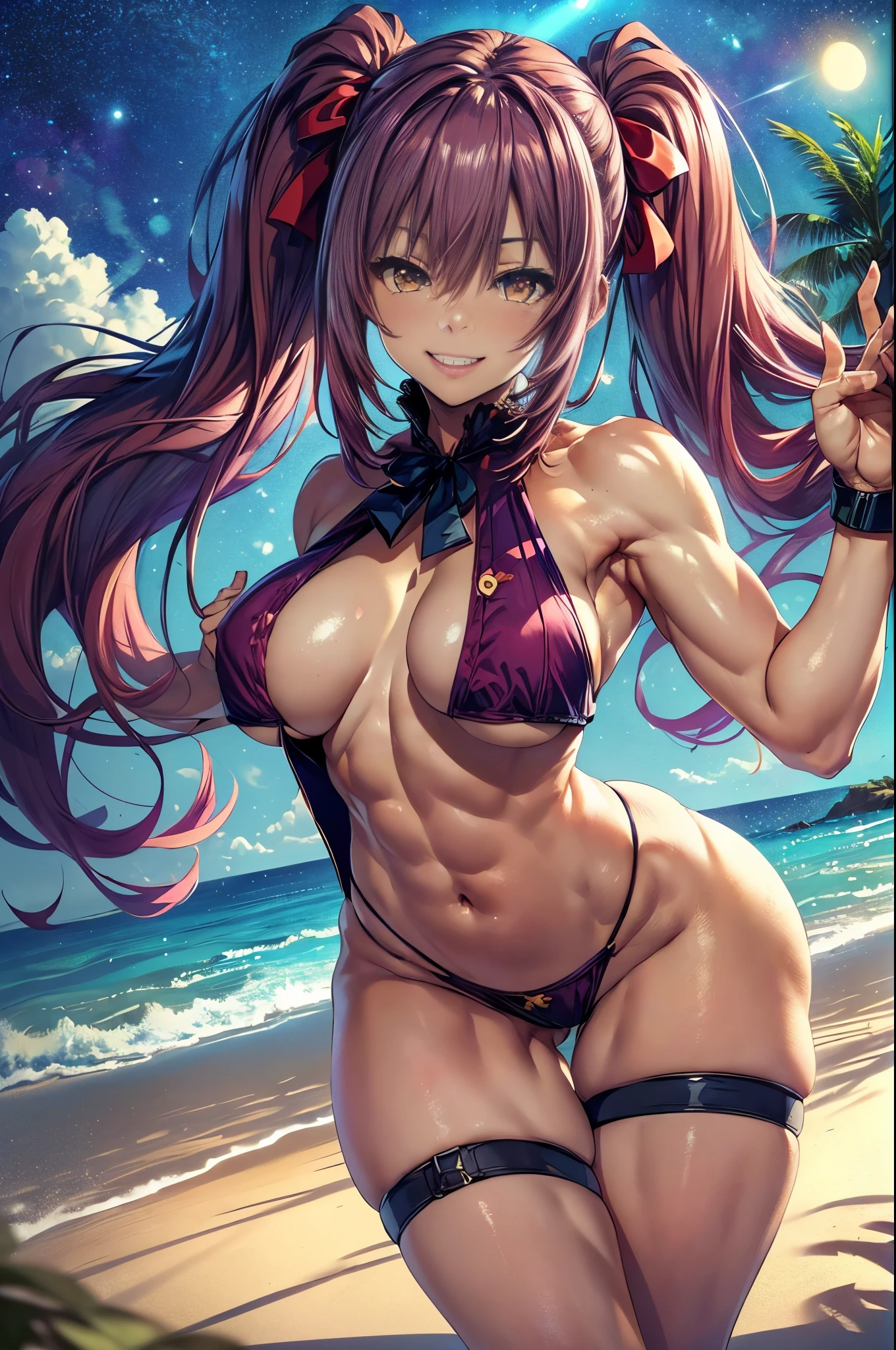 (((medium boobs))) (((huge ass))) beautiful and cute lady, wearing only a black micro bikini, with her panties up her ass, smiling, on the beach at night with a starry sky and a full moon in the sky, (muscular ass), (small waist), (bare butt), (((Ichika Amasawa))), red ribbons in her hair, ((bright yellow eyes)), good anatomy, perfect hands, (((perfect muscular legs ) ), ((very thick thighs)), slim waist, muscular abdomen, bare feet, full body photo, (((looking at me showing me her huge muscular ass)), (magenta hair color), twintails, hair smooth, bright hair, yellow eyes, evil smile, anime, Minimalism, anime style, ray tracing, luminous lighting, glow, jpeg artifacts, bright light, god rays, backlighting, symmetry, panorama, Sony FE, UHD, masterpiece, ccurate, anatomically correct, super detail, best quality, HD, heights, 16k