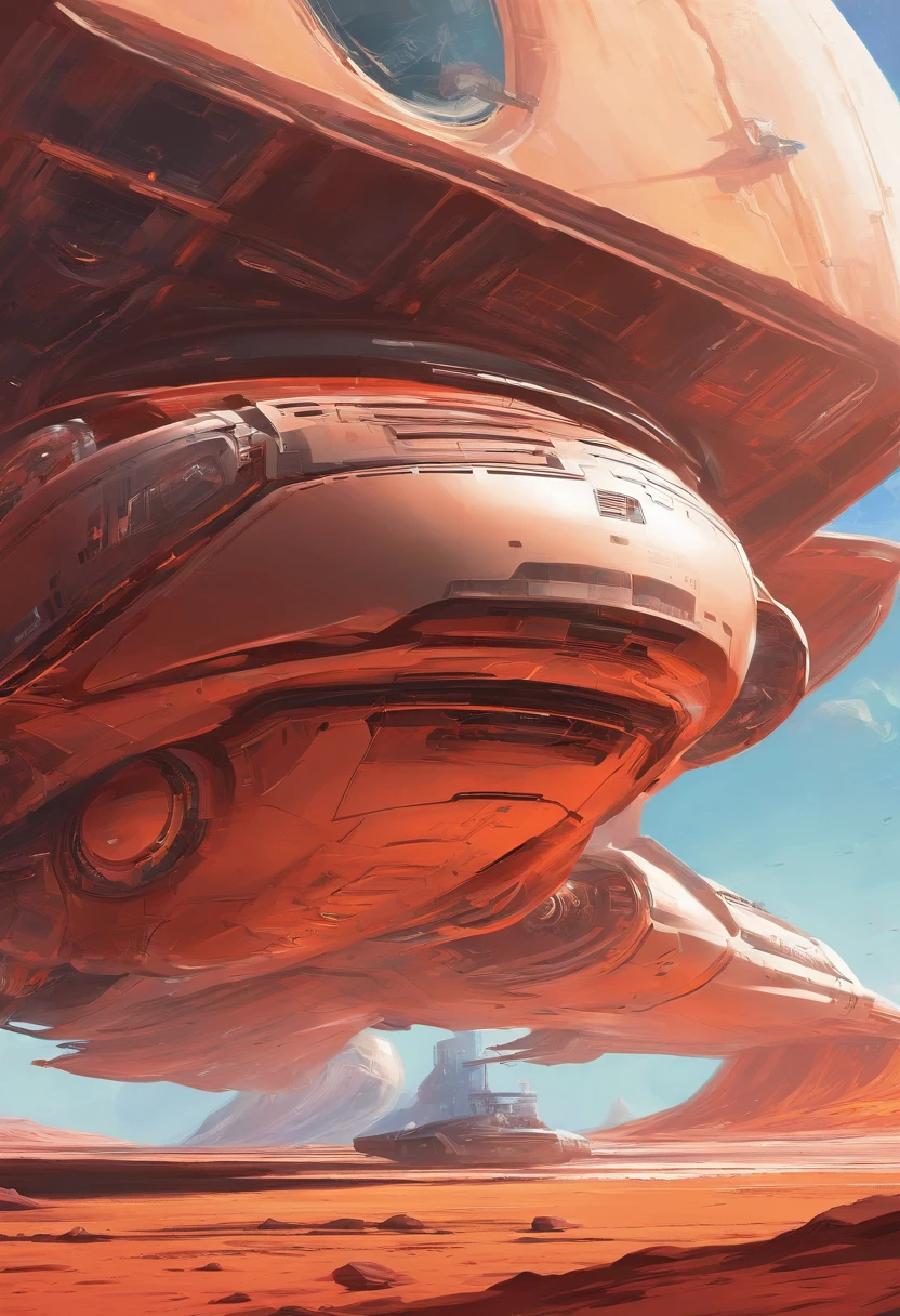 stranded light speed spaceship, enviroment is a mars-like red planet, "airbrush art" and warm colors and crome, Alien spaceship inspired by Daniel Simon, Syd Mead