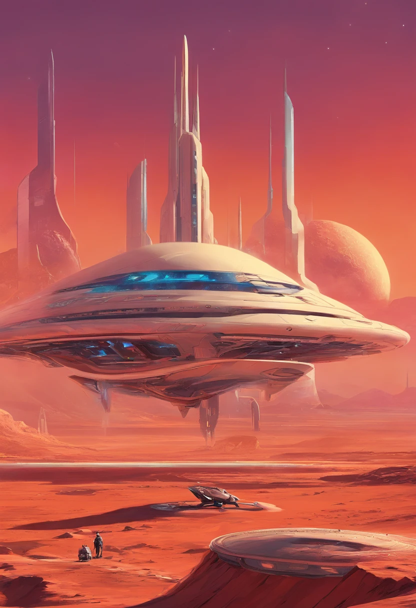 stranded light speed spaceship, enviroment is a mars-like red planet, "airbrush art" and warm colors and crome, Alien spaceship inspired by Daniel Simon, Syd Mead