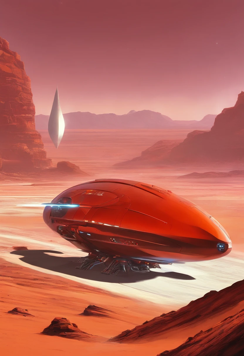 stranded light speed spaceship, enviroment is a mars-like red planet, "airbrush art" and warm colors and crome, Alien spaceship inspired by Daniel Simon, Syd Mead