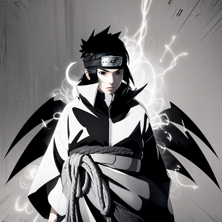 Make the image of Sasuke Uchiha how is it in the manga, image, in black and white and black jacket