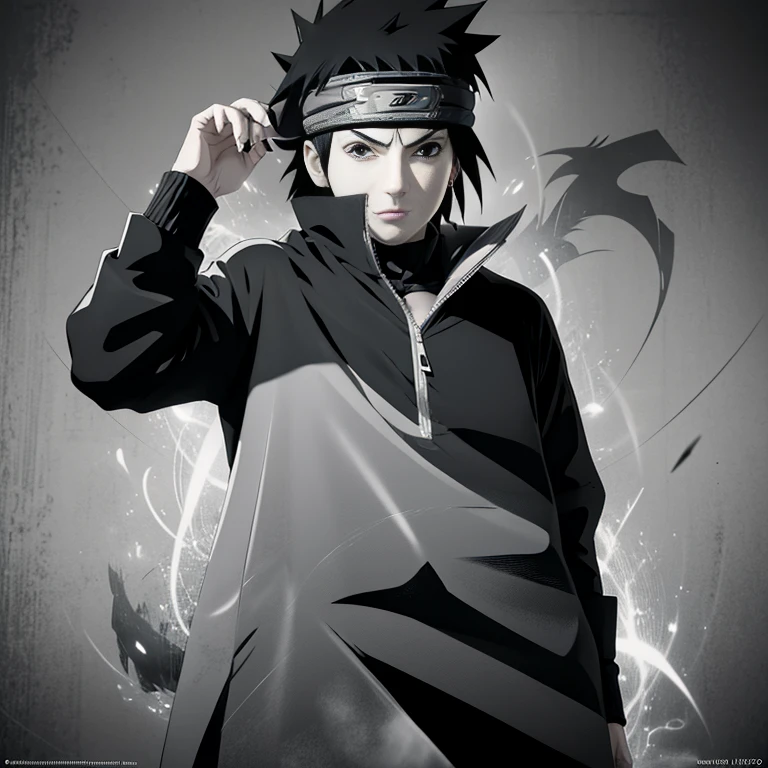 Make the image of Sasuke Uchiha how is it in the manga, image, in black and white and black jacket