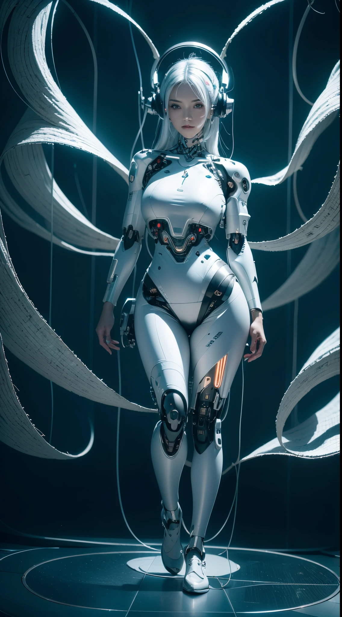 "A fascinating and ethereal representation of a cyborg immersed in a dynamic whirlwind of digital data..." full body ,white hair,big tits