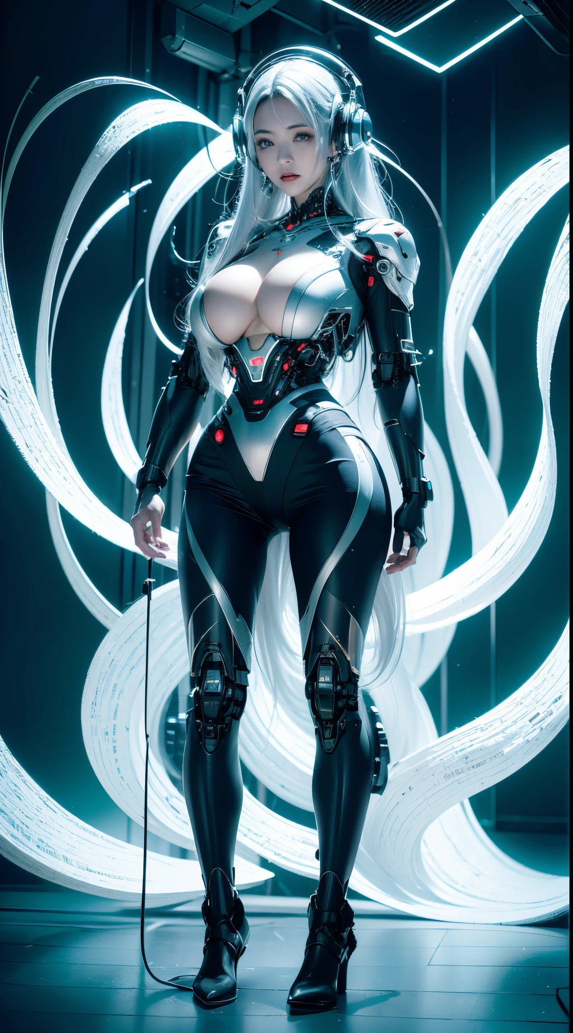 "A fascinating and ethereal representation of a cyborg immersed in a dynamic whirlwind of digital data..." full body ,white hair,big tits