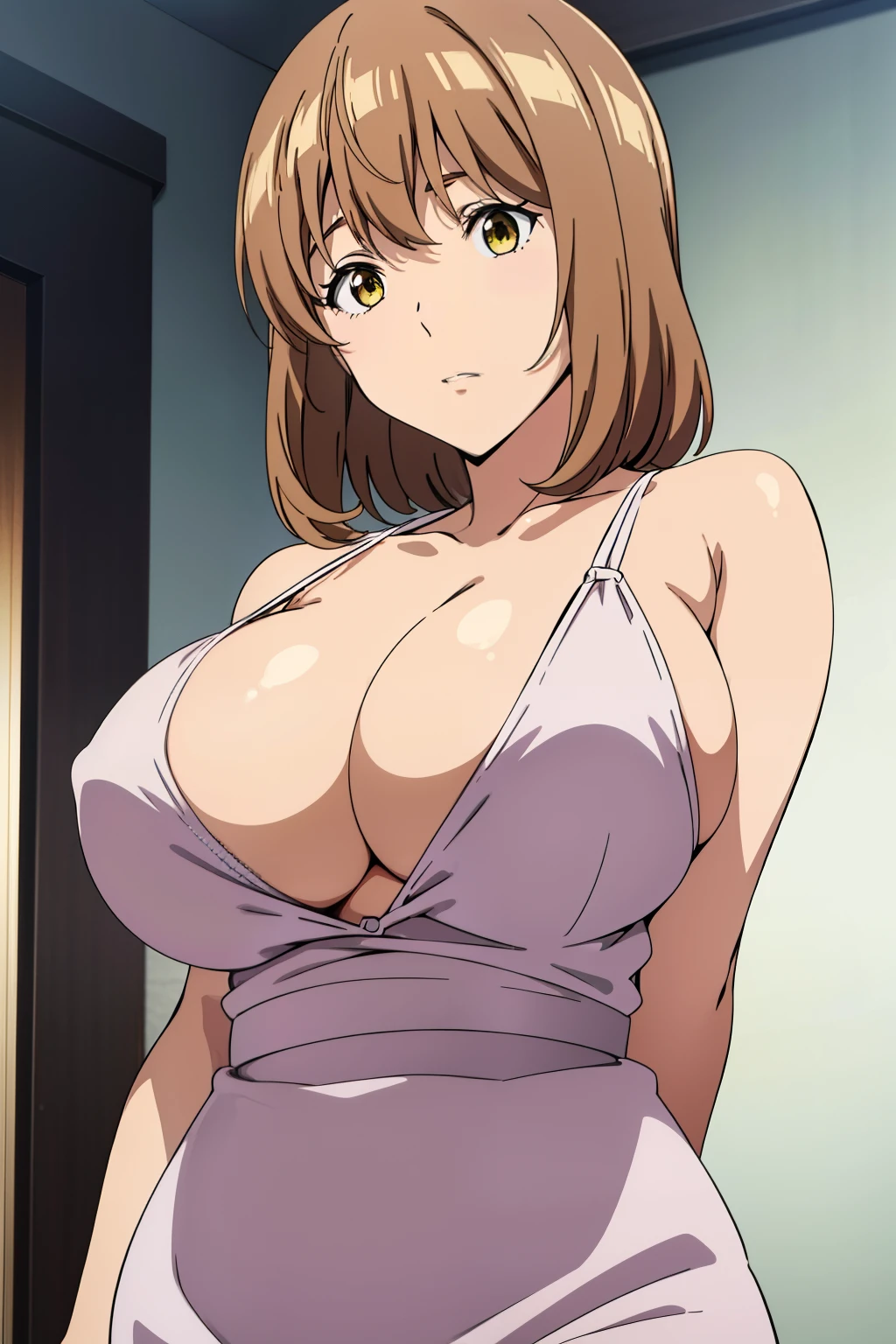 Best Quality, masutepiece, Brown hair, Yellow eyes, Yuriko Aoki, Embarrassed look, (oversize breast:1.5), cleavage of the breast, (White camisole:1.5, no-bra, Thin fabric), Slimed, arms down, breast squeeze, Upper body, Bedrooms, (Perfect Anatomy, perfect detailed body, Beautiful detailed eyes, Beautiful detailed skin),