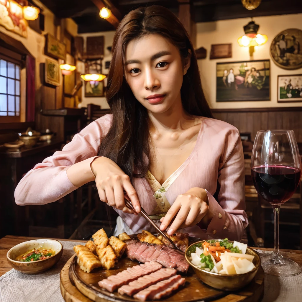 a goyoonjung sitting at a table with a plate of food and a glass of wine, by Ni Yuanlu, shutterstock, realism, wan adorable korean face, ultra high quality model, meat, 🤬 🤮 💕 🎀, super realistic food picture, tavern, 19-year-old goyoonjung, tummy, photo realistic image