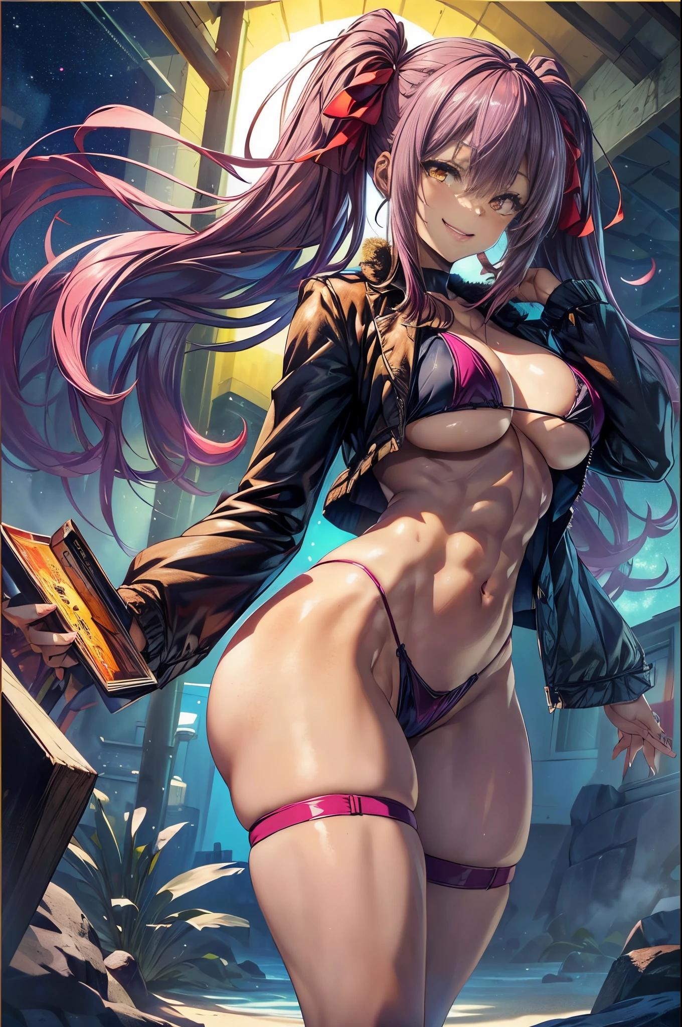 (((medium boobs))) (((huge ass))) beautiful and cute lady, wearing only a black micro bikini, with her panties up her ass, smiling, on the beach at night with a starry sky and a full moon in the sky, (muscular ass), (small waist), (bare butt), (((Ichika Amasawa))), red ribbons in her hair, ((bright yellow eyes)), good anatomy, perfect hands, (((perfect muscular legs ) ), ((very thick thighs)), slim waist, muscular abdomen, bare feet, full body photo, (((looking at me showing me her huge muscular ass)), (magenta hair color), twintails, hair smooth, bright hair, yellow eyes, evil smile, anime, Minimalism, anime style, ray tracing, luminous lighting, glow, jpeg artifacts, bright light, god rays, backlighting, symmetry, panorama, Sony FE, UHD, masterpiece, ccurate, anatomically correct, super detail, best quality, HD, heights, 16k