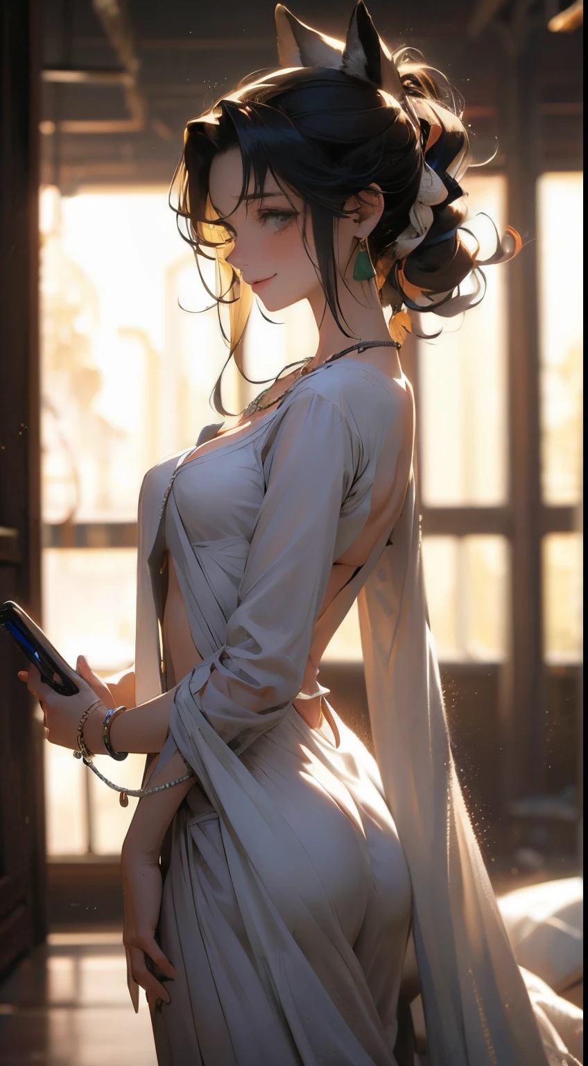 anime style,
night, window closed
bedroom, single bed, wardrobe, fan on,
shadows, off lights, poor lighting,
Young naked woman, 22 years old, naked, looking at her cell phone, smiling, she has a thin body, very small breasts, hairy pubic, large curly multicolored hair, faces with a few freckles, green eyes, earrings in her ears, discreet necklace with pendant