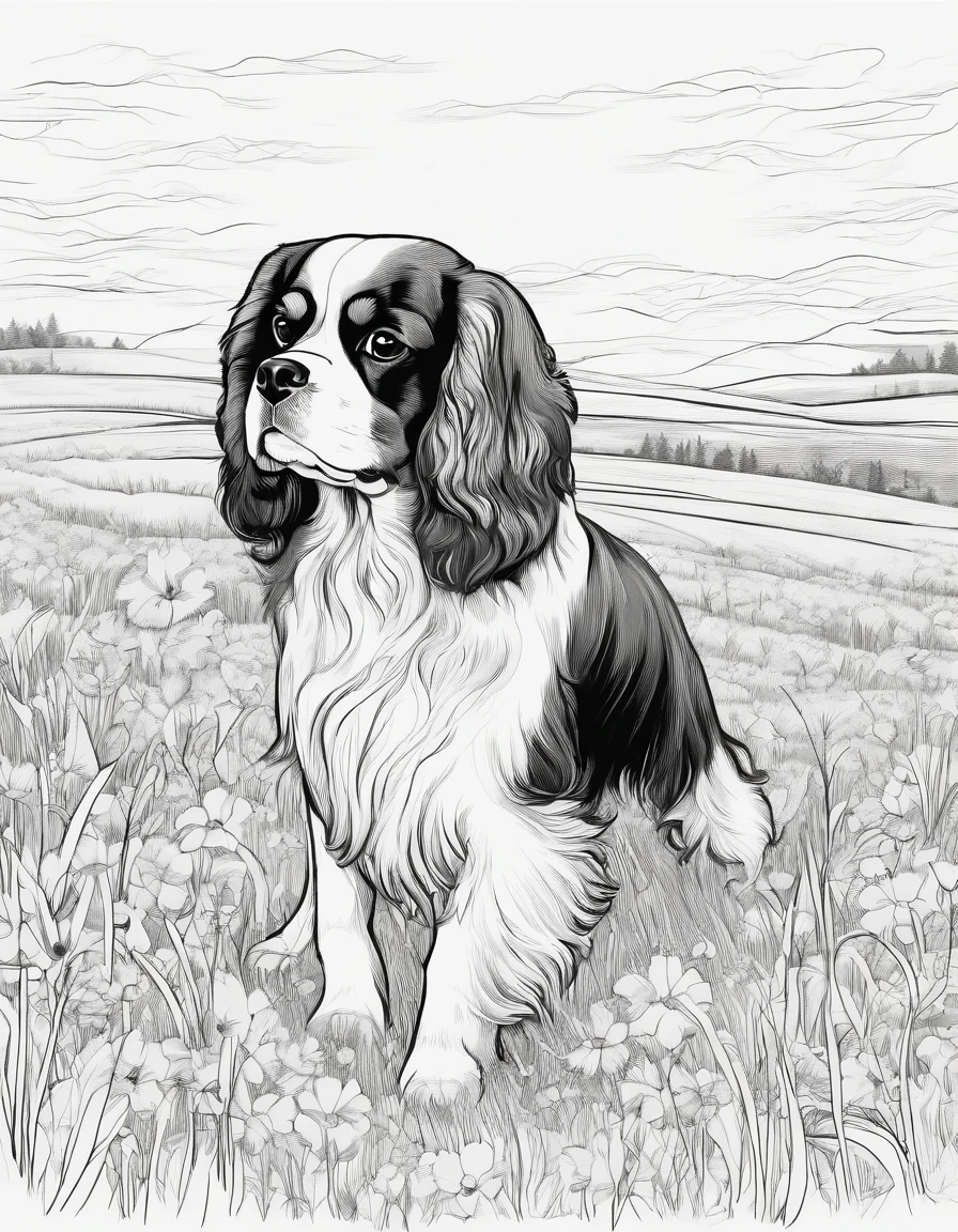 Cavalier King Charles Spaniel in field, for coloring the page, high quality, black and white, no shading