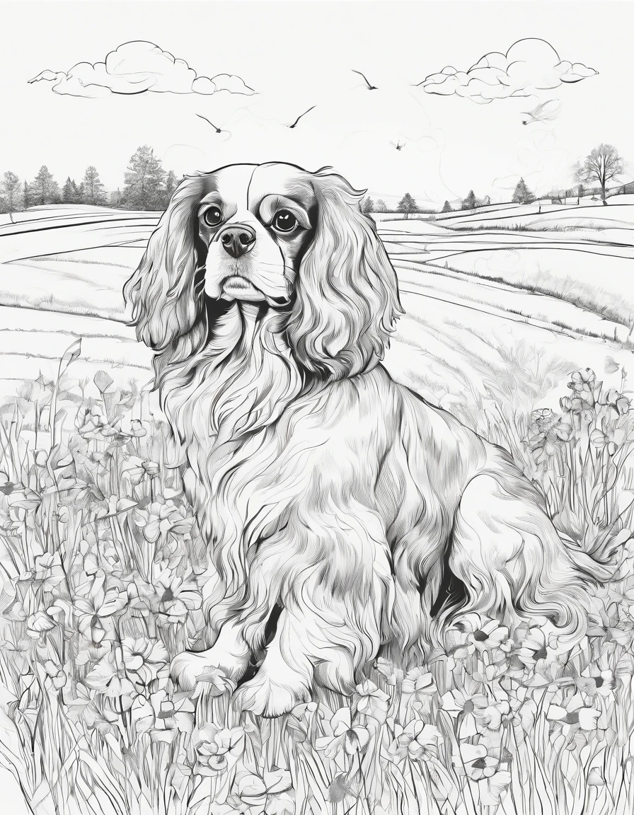Cavalier King Charles Spaniel in field, for coloring the page, high quality, black and white, no shading
