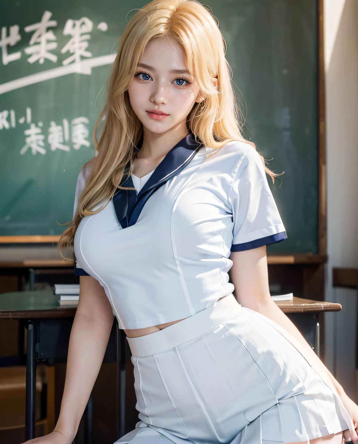 1girl, (Blue eyes), (smile), (Sana Minatozaki), wide hips, Big Boobs, big ass, (Best Quality, 8k, Masterpiece: 1.3), perfect hands, Clear Focus: 1.2, Perfect Body Beauty: 1.4 , Slender Abs: 1.2, Highly detailed face and skin texture, detailed eyes, double eyelids, (blonde long hair), (white dress shirt :1.2), ((japanese school uniform)), ((schoolgirl :1.3)), Crowded classroom, handsome man holding her from behind and talking in her ear, lifting her, white mini skirt swinging upwards, older man leaning against her from behind picking her up, varied poses