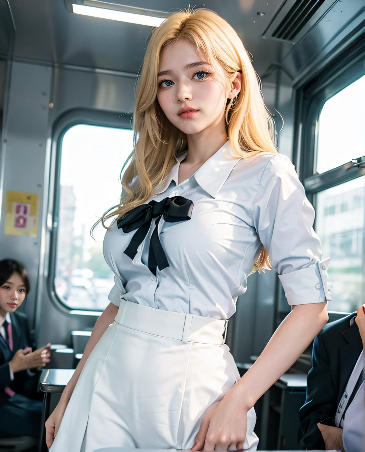 1girl, (Blue eyes), (Smile), (Sana Minatozaki), wide hips, Big Boobs, big ass, round butt, (Best Quality, 8k, Masterpiece: 1.3), perfect hands, Clear Focus: 1.2, Perfect Body Beauty: 1.4 , Slender Abs: 1.2, Highly detailed face and skin texture, detailed eyes, double eyelids, (blonde long hair), (dress shirt), (plaid skirt :1.3), ((japanese school uniform)), sitting, (open legs showing panties :1.1), at night on the train