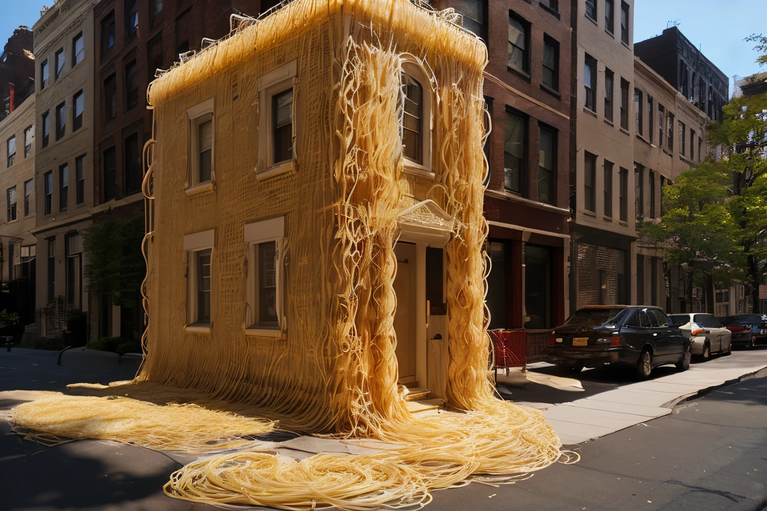 big house in the street in manhattan made with real spaghettis, spaghettis leaving the windows