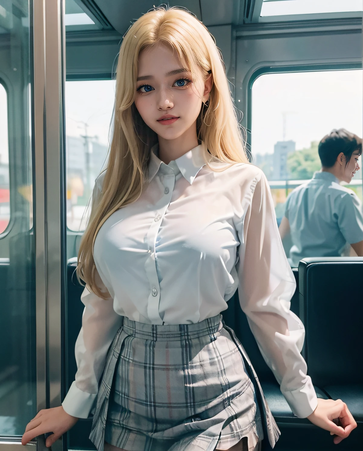 1girl, (Blue eyes), (smile), (Sana Minatozaki), wide hips, Big Boobs, big ass, (Best Quality, 8k, Masterpiece: 1.3), perfect hands, Clear Focus: 1.2, Perfect Body Beauty: 1.4 , Slender Abs: 1.2, Highly detailed face and skin texture, detailed eyes, double eyelids, (blonde long hair), (translucent dress shirt :1.2), (plaid skirt :1.3), ((japanese school uniform)), varied poses, on the train, people in the background, blurred background