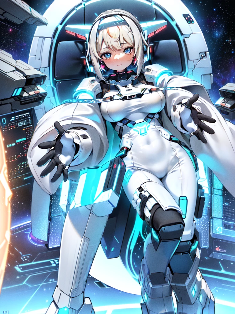 ​masterpiece:1.4, 1girl in ((20yr old, Wearing a futuristic white and silver costume, Tight Fit Bodysuit, long boots, Very gigantic-breasts, Multicolored blonde hair, a short bob, Perfect model body, Blue eyes:1.2, Wearing headphones, (holding panties presenting panties):1.7, Plain white panties, Looking out the window of the futuristic sci-fi space station、While admiring the beautiful galaxy:1.2, SFSF control room on night background:1.1, Neon and energetic atmosphere:1.2)) ((Galaxy))