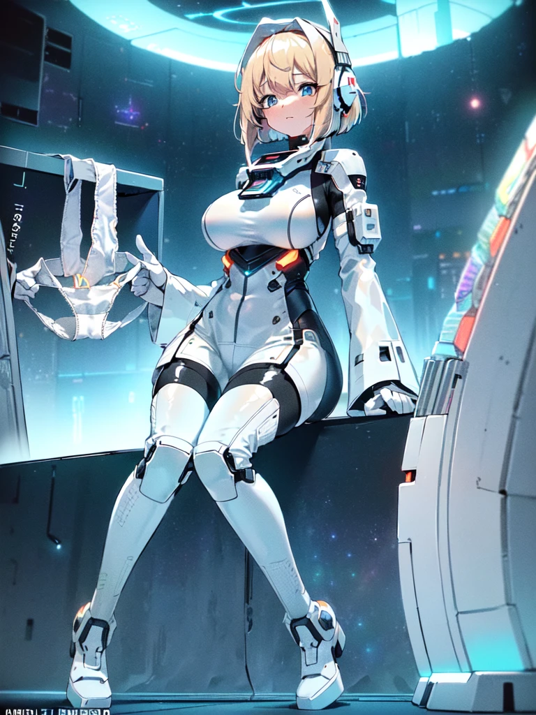 masterpiece:1.4, 1girl in ((20yr old, Wearing a futuristic white and silver costume, Tight Fit Bodysuit, long boots, Very gigantic-breasts, Multicolored blonde hair, a short bob, Perfect model body, Blue eyes:1.2, Wearing headphones, (holding panties presenting panties):1.7, Plain white panties, Looking out the window of the futuristic sci-fi space station、While admiring the beautiful galaxy:1.2, SFSF control room on night background:1.1, Neon and energetic atmosphere:1.2)) ((Galaxy))