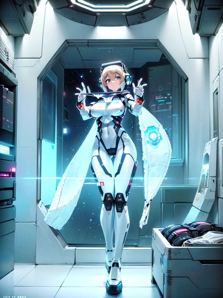 ​masterpiece:1.4, 1girl in ((20yr old, Wearing a futuristic white and silver costume, Tight Fit Bodysuit, long boots, Very gigantic-breasts, Multicolored blonde hair, a short bob, Perfect model body, Blue eyes:1.2, Wearing headphones, (holding panties presenting panties):1.7, Plain white panties, Looking out the window of the futuristic sci-fi space station、While admiring the beautiful galaxy:1.2, SFSF control room on night background:1.1, Neon and energetic atmosphere:1.2)) ((Galaxy))