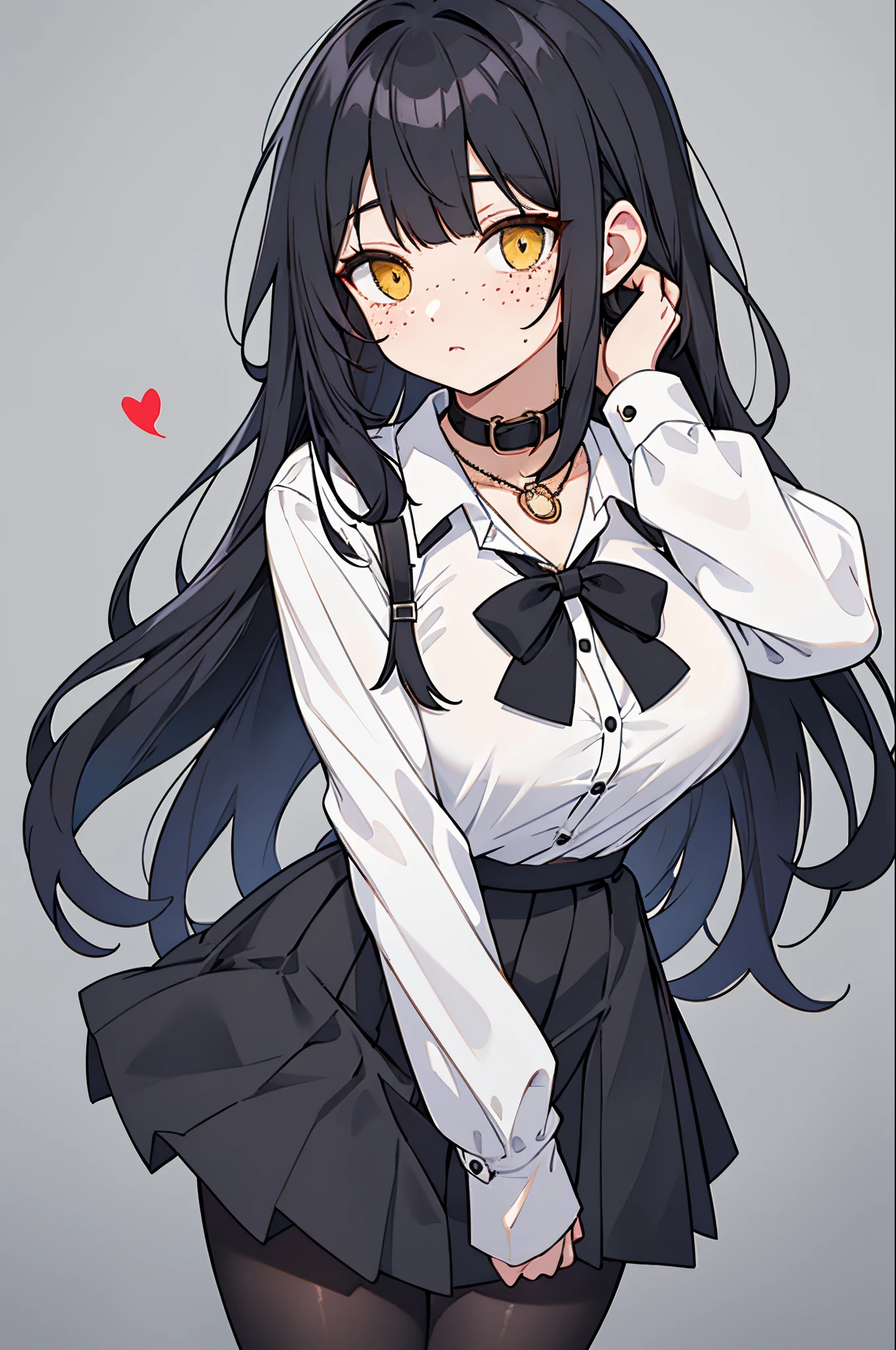 Raven black hair with black bangs that frames her delicate face. Her eyes are vibrant yellowy gold. She has freckles across her cheeks. Costume: She opts for a very modest Dark Academia attire, with a white sleeve button up shirt with most of the buttons done up except for a few from her neck to her mid collar bone. She wears a long black tie very loosely around the collar piece of the of the button up. She also wears a black gem heart shaped charmed necklace around her neck that hangs low. A dark gray pleated school girl skirt covers up to her mid stomach, and down to her mid thighs. She wears black nylon stockings and black Mary Janes.