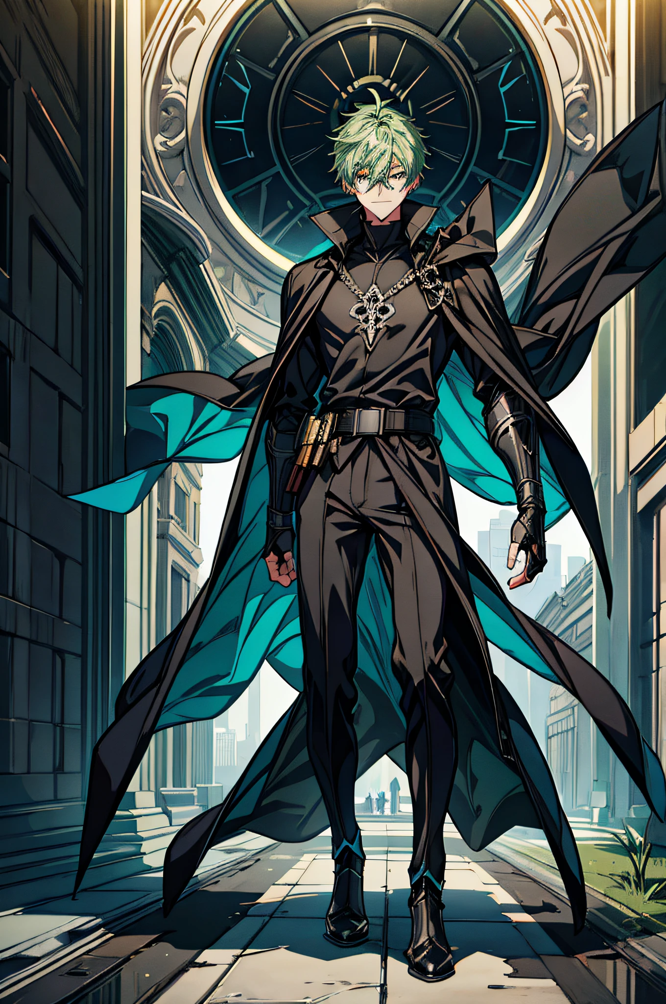 (ultra-detailed CG unit 8k wallpaper, Master parts, Best quality, depth of fields, hdr), 1boy, anime character, short green hair, long black cape, turtleneck, serious, mask in the eyes, The mask is painted with a scary smile, black mask, The mask fits the face just right, on top of a old town (night) , vigilant, trained physique, assassin style, black clothing all over the body, agile, light armor, anime (Master parts: 1.4) (illustration: 1.4), white background,((full body)),