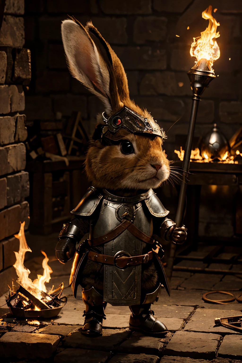 Un mignon petit lapin avec une armure explore la forge, protection magique, (lumière des flames), (magical equipment), (Best quality), (ultra HD)