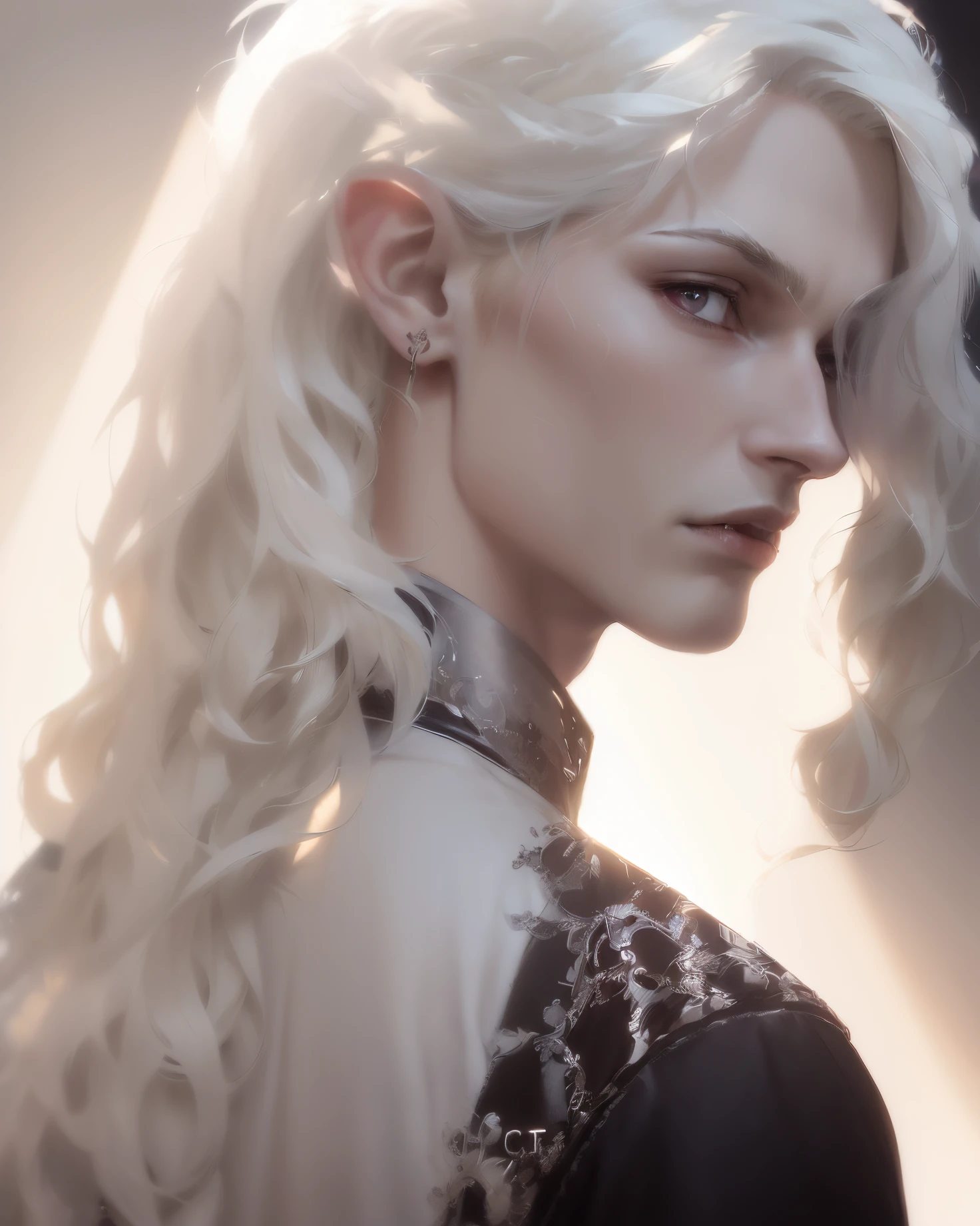 ((1male, solo, male_focus), Vampire, ((Vampire King)), long silver blonde hair, hair pushed back, handsome face, tailored suit, pale skin, ivory skin, mature, Red eyes, handsome, formal_attire) (High-Definition, Sunlight:0.5, Soft_Shadows:0.5, Atmospheric_lighting, 8k, 4k, hyper-realistic, elegant, ((((cinematic appearance)))), soft tones, soft cinematic lights, close_up)