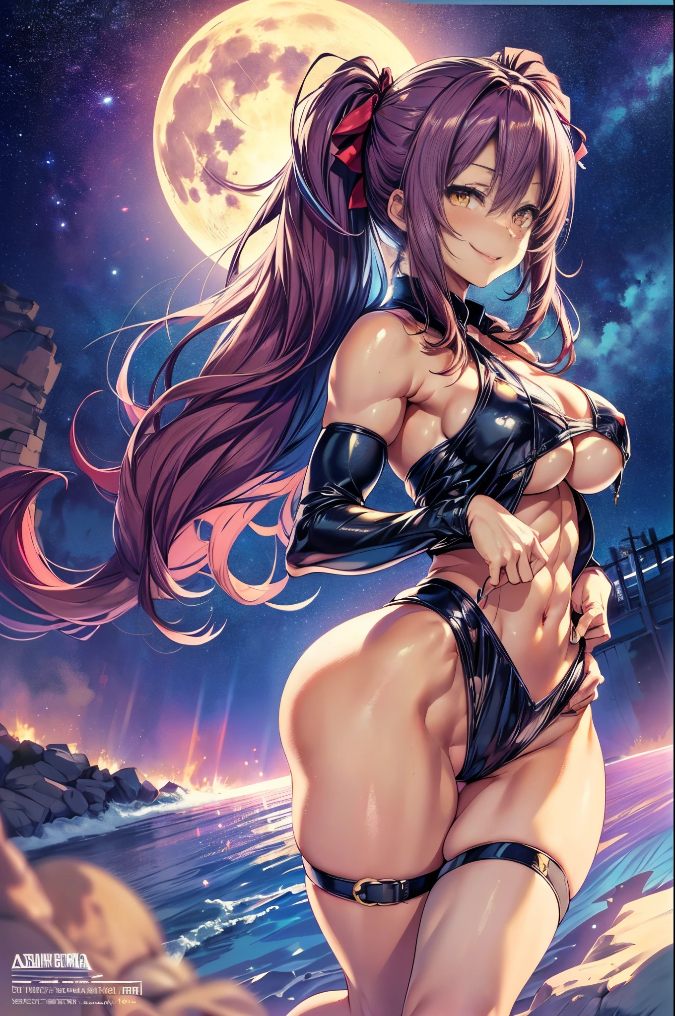(((medium boobs))) (((huge ass))) beautiful and cute lady, wearing only a black micro bikini, with her panties up her ass, smiling, on the beach at night with a starry sky and a full moon in the sky, (muscular ass), (small waist), (bare butt), (((Ichika Amasawa))), red ribbons in her hair, ((bright yellow eyes)), good anatomy, perfect hands, (((perfect muscular legs ) ), ((very thick thighs)), slim waist, muscular abdomen, bare feet, full body photo, (((looking at me showing me her huge muscular ass)), (magenta hair color), twintails, hair smooth, bright hair, yellow eyes, evil smile, anime, Minimalism, anime style, ray tracing, luminous lighting, glow, jpeg artifacts, bright light, god rays, backlighting, symmetry, panorama, Sony FE, UHD, masterpiece, ccurate, anatomically correct, super detail, best quality, HD, heights, 16k
