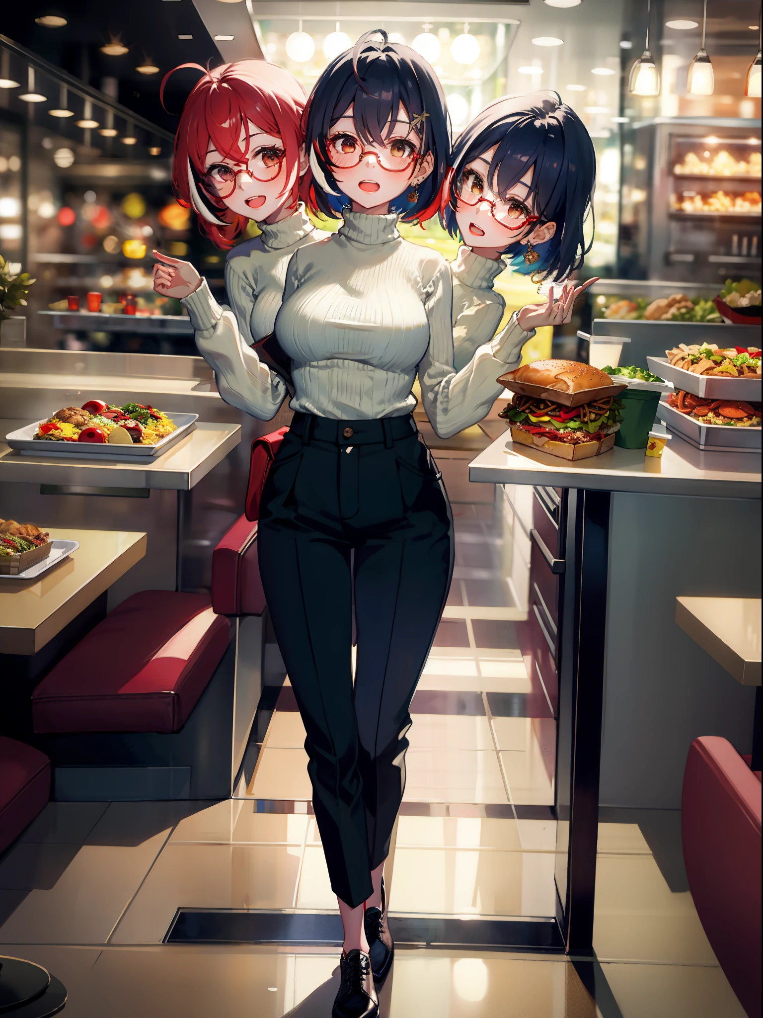 (masterpiece, best quality), best resolution, (3heads:1.5), 1girl, nanashi mumei, red hair, green eyes, three pairs of glasses, open mouth, trying to decide what to order, thinking, contemplative, black turtleneck sweater, blue long pants, standing in line, fast-food restaurant, glass doorway in background