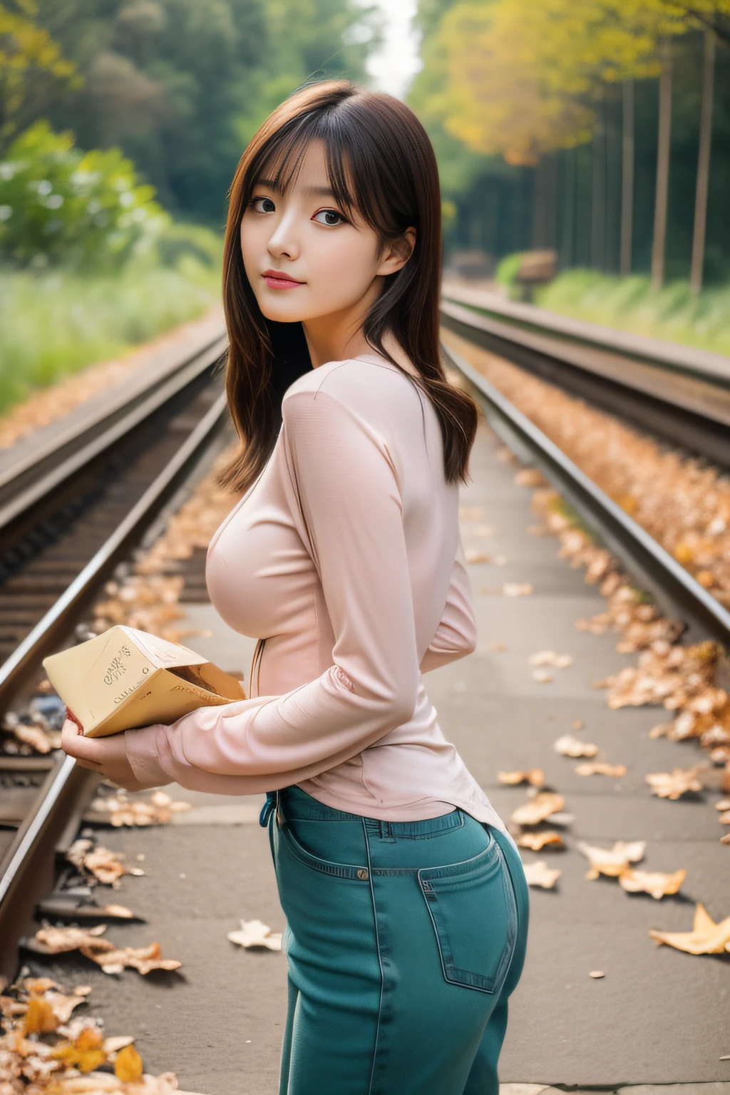 (Best Quality,8ｋ,Absolutely beautiful:1.2),(cute Japanese girls:1.10、Perfect actress),(Long-sleeved shirt、Pants Look)、(Huge breasts:1.20),(Best Beauty Body)、(perfect anatomia、Beautiful limbs、Precise limbs)、Big ass、beautiful thigh、The pinnacle of Eros、best art、Beautiful Glow,Helplessly beautiful body、sexy  pose、(Fusion with nature:1.10)、Forest Park、Abandoned stations、(rusty railroad tracks、a lot of fallen leaves)、
