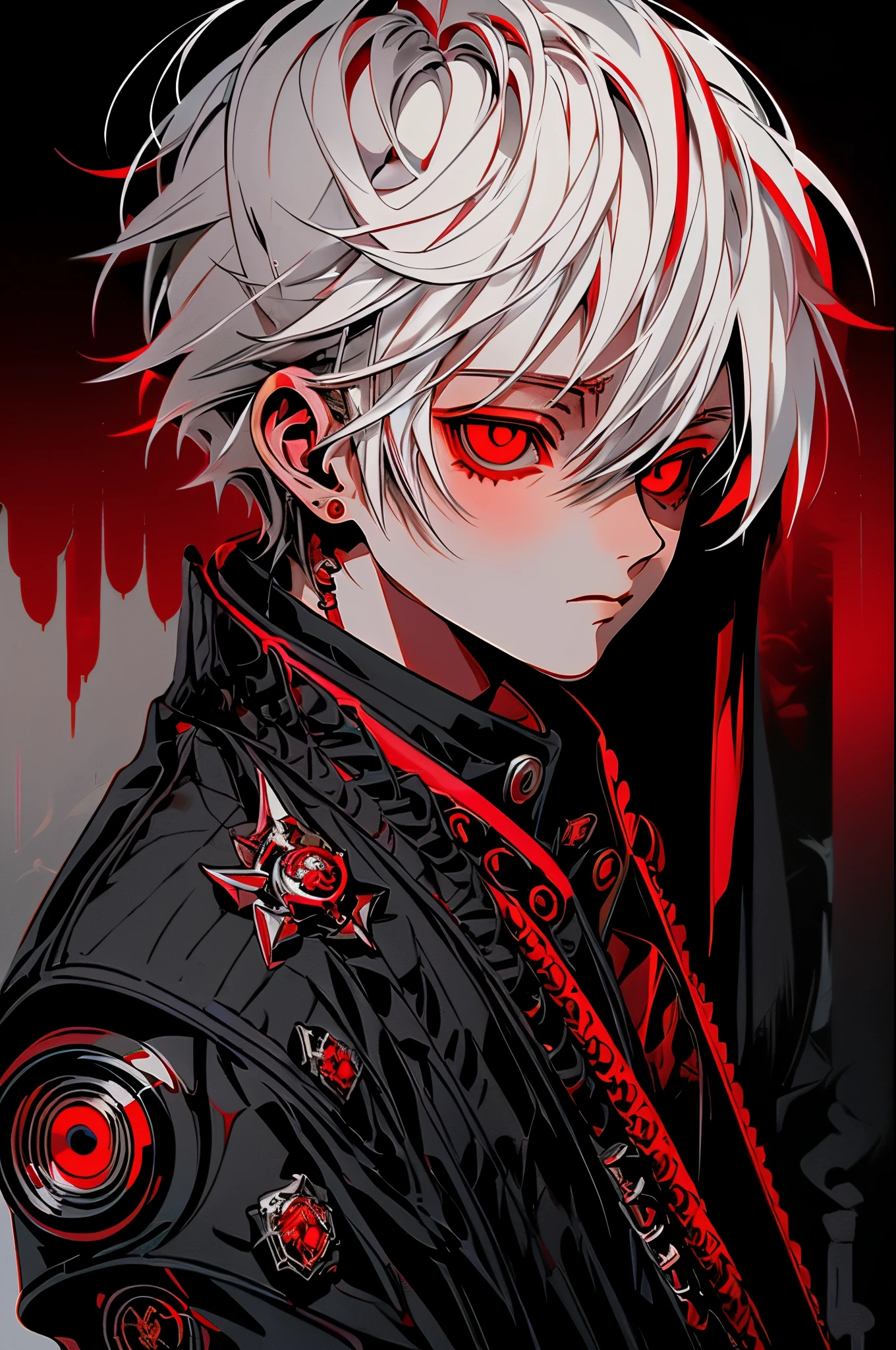 Anime style illustration of a guy with ( com cabelos brancos),(olhos vermelhos) (vestindo um longo casaco preto), caprichoso, JRPG, encantador, emocionalmente, ambiente detalhado, Fantastic , imaginativo, visualmente rico, Atmospheric , largo, flat lighting, 2D, Cartoon, vetor, Arte por Mschiffer, best quality, best resolution