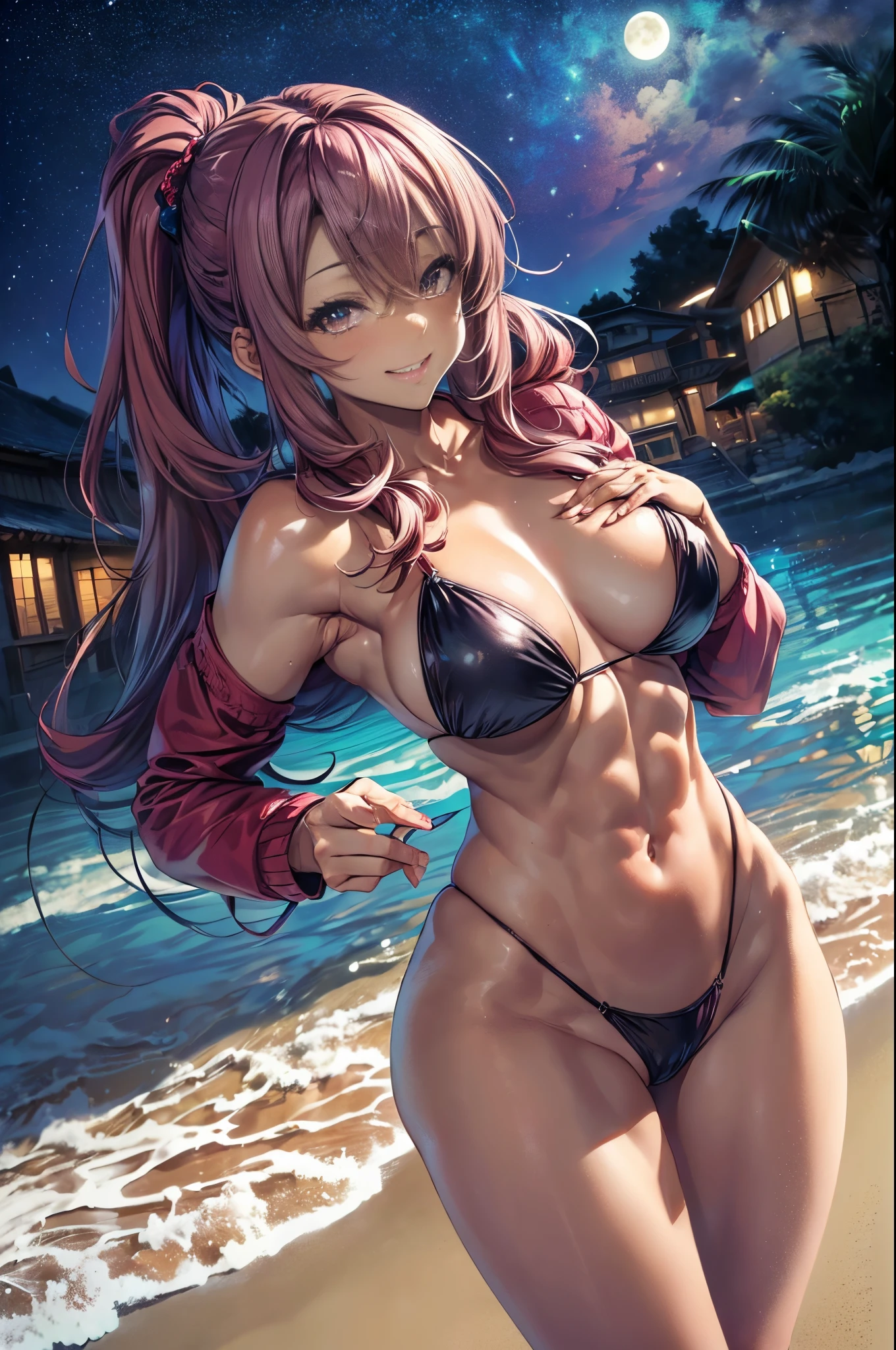 (((middle boobs))) (((bunda enorme))) linda e fofa senhora, wearing only a black micro bikini, com a calcinha enfiada na bunda, sorridente, on the beach at night with starry sky and full moon in the sky, (bunda musculosa), ( cintura pequena), (bumbum nu), (((Ichika Amasawa))), fitas vermelhas em seu cabelo, ((olhos amarelos brilhante)), boa anatomia, perfect hands, (((perfeito pernas musculosas) ), ((coxas muito grossas)), cintura fina, muscular abdomen, bare foots, foto de corpo inteiro, (((olhando para mim me mostrando sua enorme bunda musculosa)), (cor do cabelo magenta), twintails, cabelo liso, cabelo brilhante, olhos amarelos, sorriso malvado, anime, Minimalismo, estilo anime, ray tracing, luminous lighting, brilho, artefactos jpeg, luz brilhante, raios deus, retroiluminação, simetria, panorama, Sony FE, UHD, obra-prima, ccurate, anatomicamente correto, super detalhe, melhor qualidade, HD, alturas, 16k