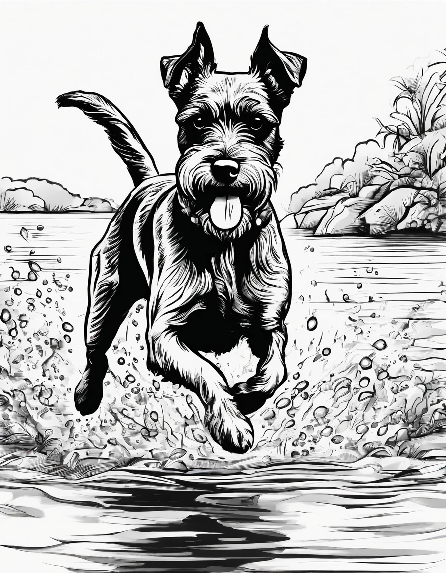 Miniature Schnauzer running by water, high quality, for coloring page, black and white, no shading