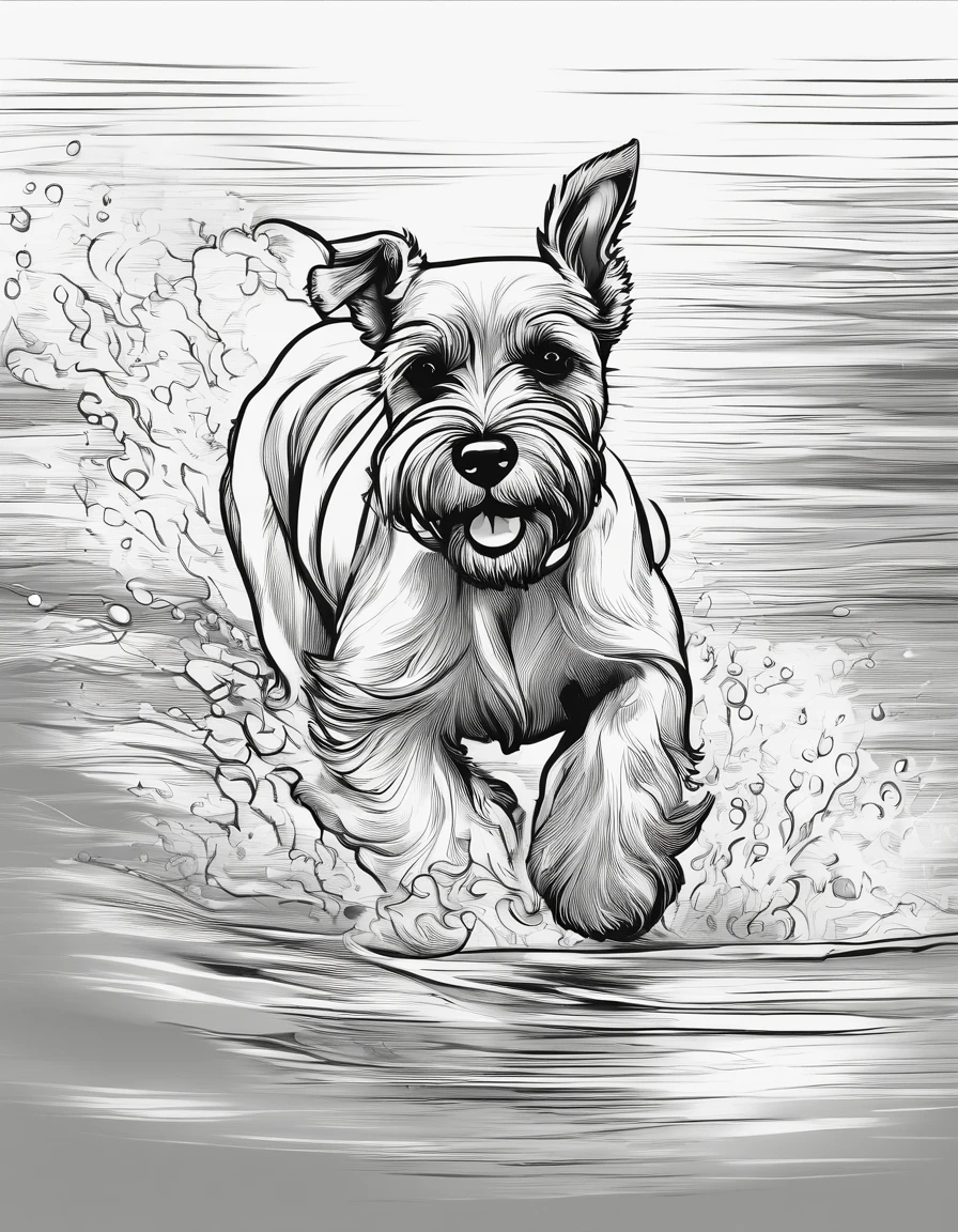 Miniature Schnauzer running by water, high quality, for coloring page, black and white, no shading