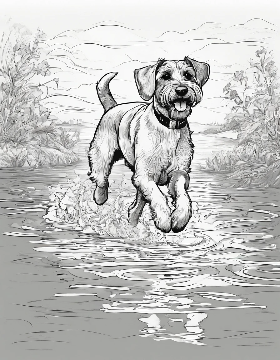 Miniature Schnauzer running by water, high quality, for coloring page, black and white, no shading