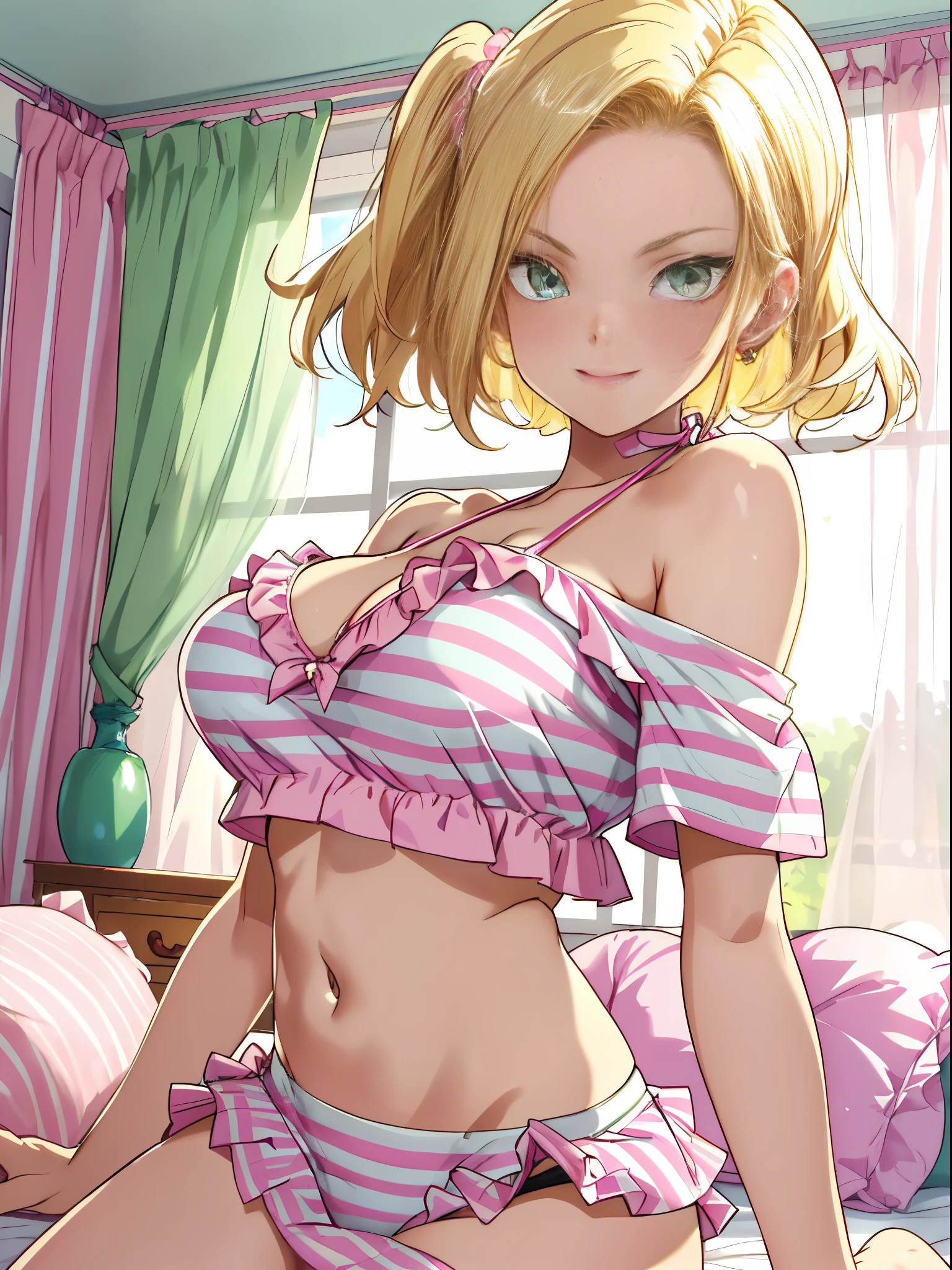 tmasterpiece， best qualtiy， ultra - detailed， absurderes， Portrait Beautiful Android 18db， 独奏， 耳Nipple Ring， (The bikini:1.5)，Underdressing，jewely， (Off-the-shoulder clothing:1.5)，cleavage， upper body closeup，masterpiece, super fine illustration, best quality, light particles, ultra-detailed, 8K wallpaper, (bright colors:1.2), solo, ((a little girl)), big breasts, (blonde hair), disheveled hair, short hair, twintail, two side up hair, scrunchie, curly hair, shiny hair, shiny skin, (wearing pale pink and white horizontal striped dress, short sleeve), (frilled miniskirt), (white legwear), ((horizontal striped panty)), (beautiful green eyes, shiny eyes, big eyes), affectionate smile, seductive smile, closed mouth, blush cheeks, (naughty room), (pink bed), (pink pillows), (pink curtain), looking back, get down all fours, nsfw, sunlight, shadow,