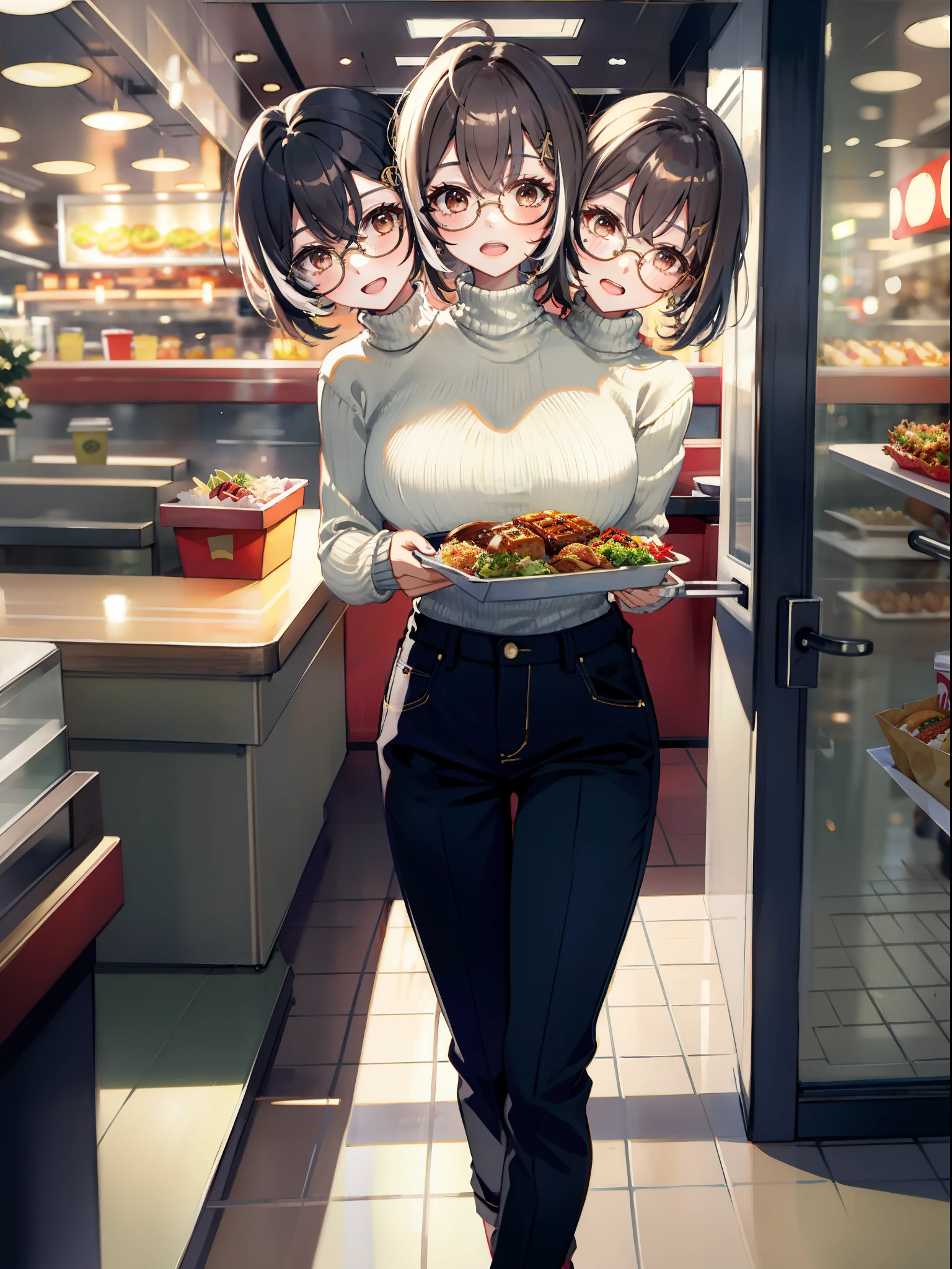 (masterpiece, best quality), best resolution, (3heads:1.5), 1girl, nanashi mumei, three pairs of glasses, open mouth, trying to decide what to order, thinking, contemplative, black turtleneck sweater, blue long pants, standing in line, fast-food restaurant, glass doorway in background