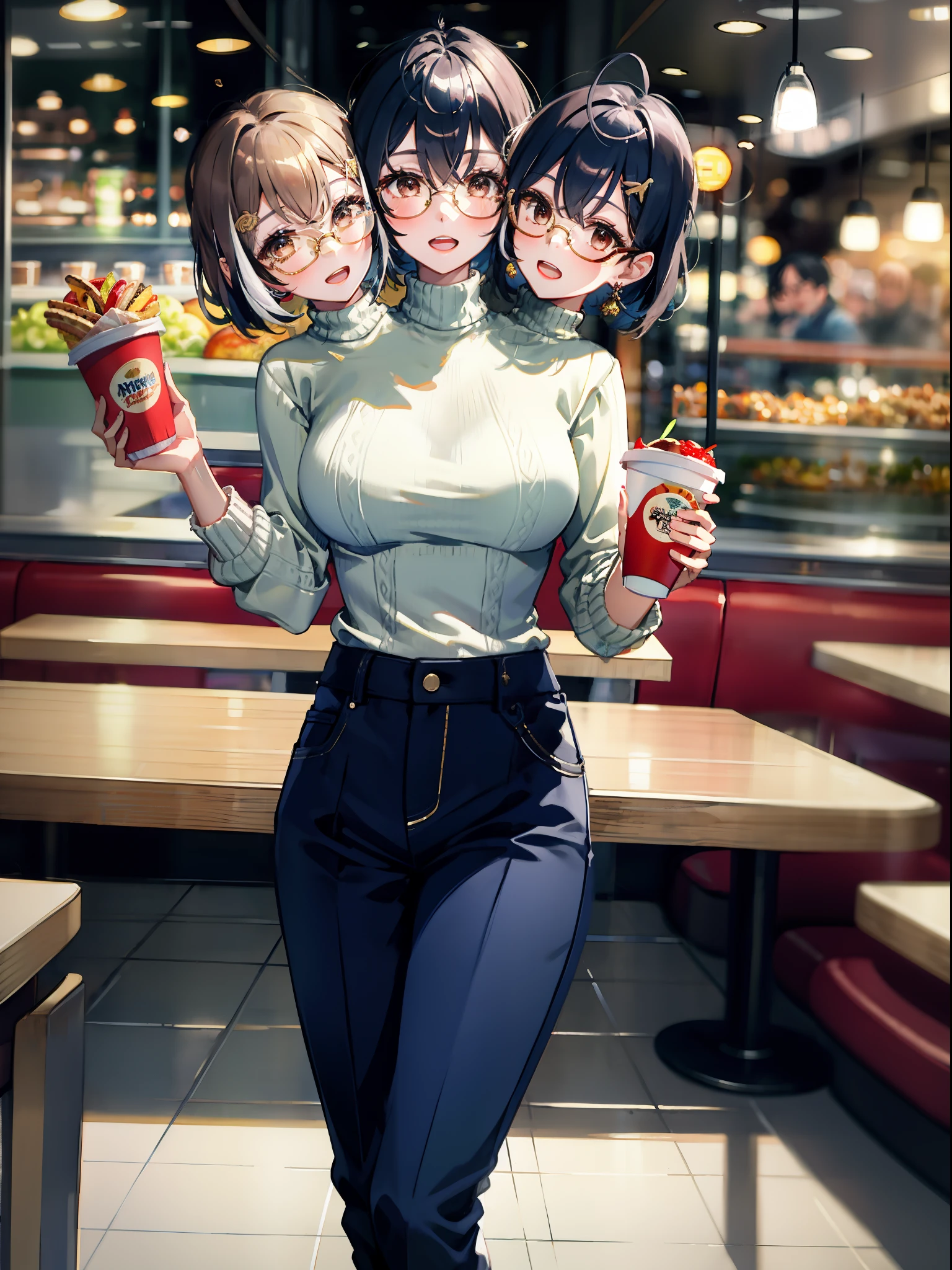 (masterpiece, best quality), best resolution, (3heads:1.5), 1girl, nanashi mumei, three pairs of glasses, open mouth, trying to decide what to order, thinking, contemplative, black turtleneck sweater, blue long pants, standing in line, fast-food restaurant, glass doorway in background