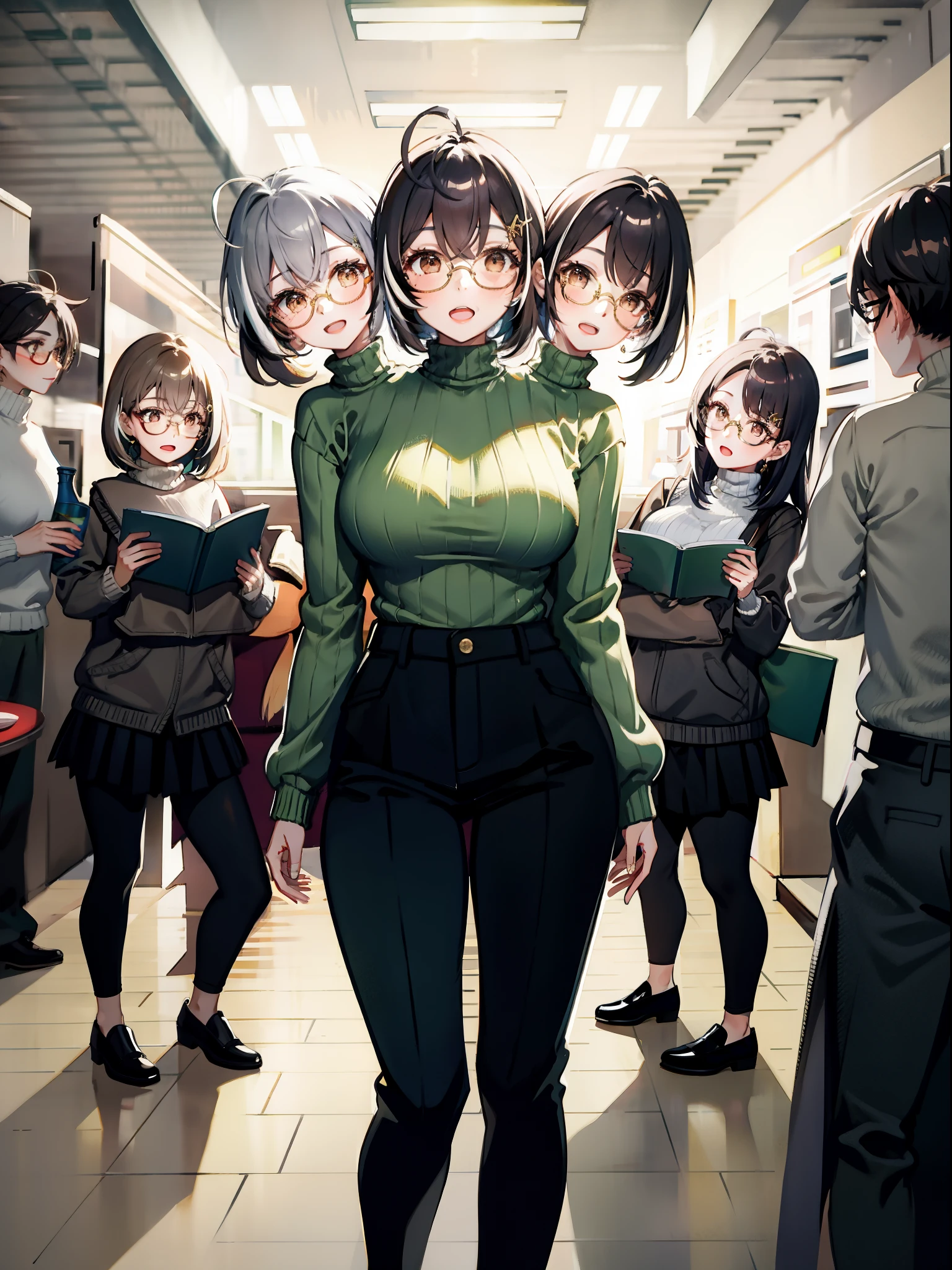 (masterpiece, best quality), best resolution, (3heads:1.5), 1girl, nanashi mumei, three pairs of glasses, open mouth, trying to decide what to order, thinking, contemplative, black turtleneck sweater, long pants, standing in line