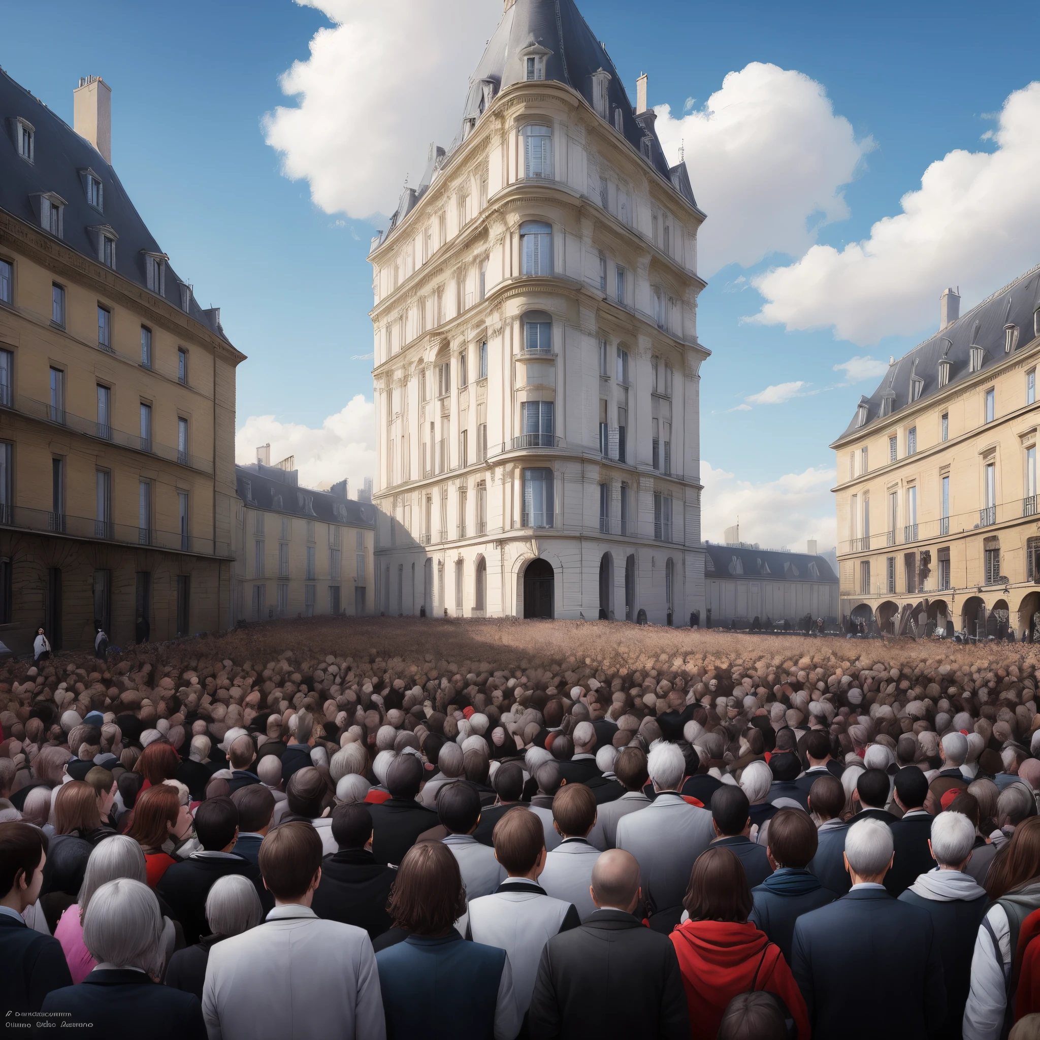 A foule de dos et dans le ciel une lumière blanche