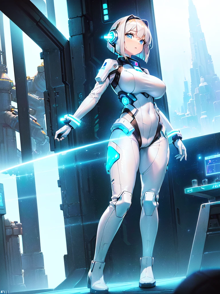 masterpiece:1.4, 1girl in ((20yr old, Wearing a futuristic white and silver costume, Tight Fit Bodysuit, long boots, Very gigantic-breasts, Multicolored blonde hair, a short bob, Perfect model body, Blue eyes:1.2, Wearing headphones, Looking out the window of the futuristic sci-fi space station、While admiring the beautiful galaxy:1.2, SFSF control room on night background:1.1, Neon and energetic atmosphere:1.2)) ((Galaxy))