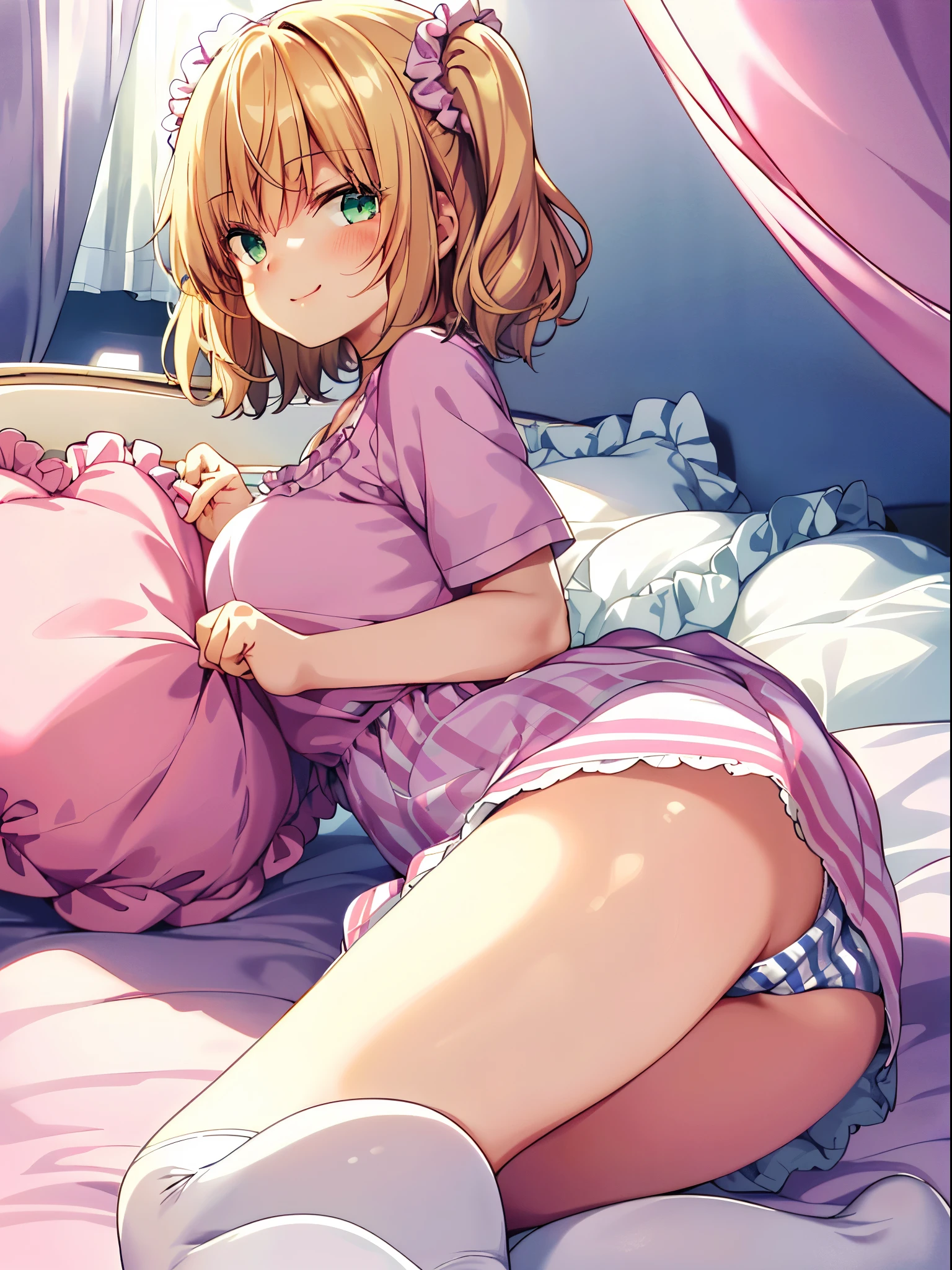 masterpiece, super fine illustration, best quality, light particles, ultra-detailed, 8K wallpaper, (bright colors:1.2), solo, ((a )), big breasts, (blonde hair), disheveled hair, short hair, twintail, two side up hair, scrunchie, curly hair, shiny hair, shiny skin, (wearing pale pink and white horizontal striped dress, short sleeve), (frilled miniskirt), (white legwear), ((horizontal striped panty)), (beautiful green eyes, shiny eyes, big eyes), affectionate smile, seductive smile, closed mouth, blush cheeks, (naughty room), (pink bed), (pink pillows), (pink curtain), looking back, get down all fours, nsfw, sunlight, shadow,